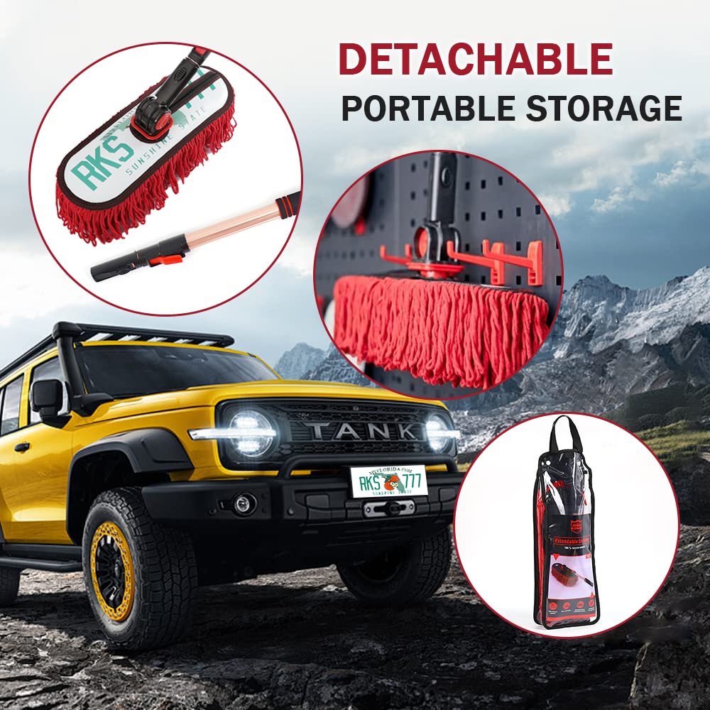 Plumero exterior de coche sin arañazos, mango extensible y de algodón encerado, kit de cepillo para polvo de coche para coche, camión, SUV, RV y motocicleta, plumero para limpieza de