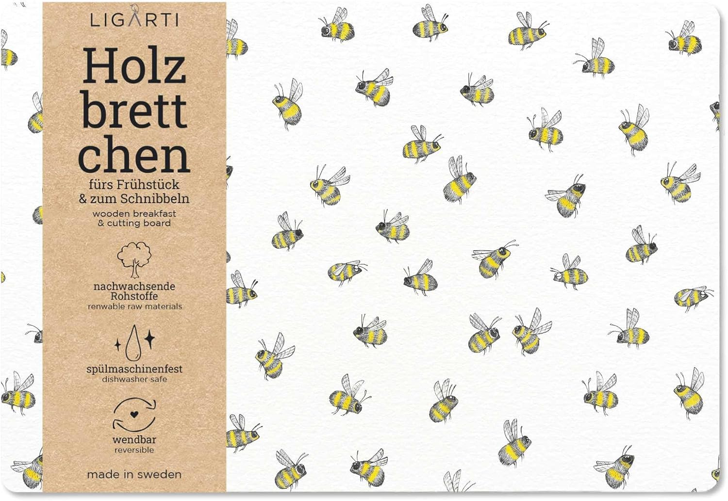 Ligarti® Breakfast Board (Wood) I Chopping Board in 22 x 15 cm Made in Sweden and Dishwasher Safe I Sustainable Breakfast Board, Wooden Board (Beeswarm)