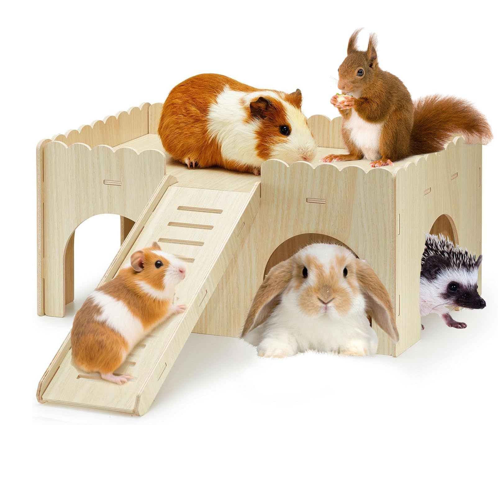 Casa de Cobayas Madera Natural con 4 Cuevas y Rampa Extraíbles, 38x25x18cm Castillo Conejo Gran, Accesorios Juguete Mascotas Pequeñas para Cobayas, Hámsteres, Chinchillas, Conejos Enanos y Hurones