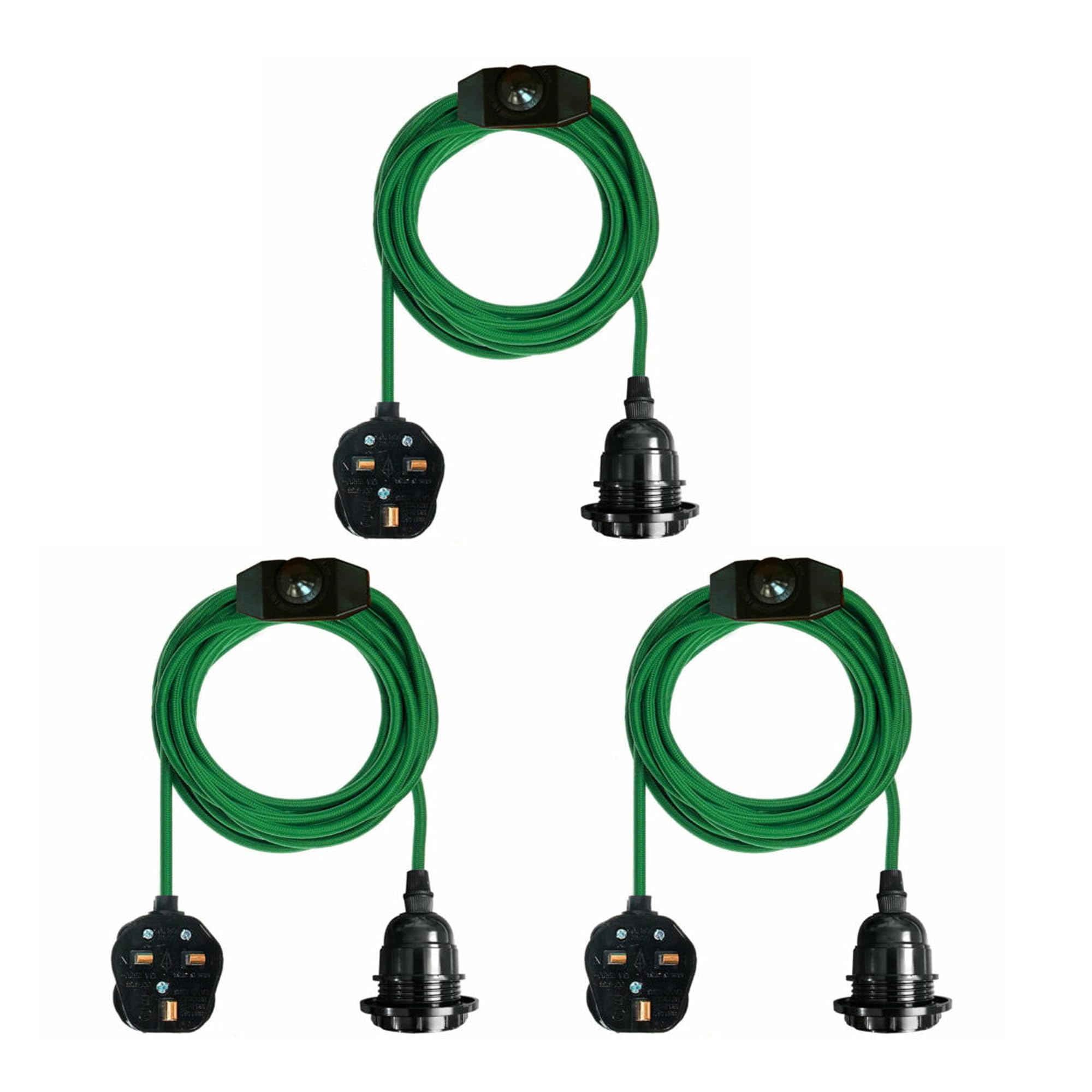 LEDSONE Vintage 3Pack Pendant Light Kit with Fabric Flex Cable 2m Hanging Light Fitting with E27 Bulb Socket and Plug with Switch Ideal for Home, Studio, Office, Café, or Decorative Lighting (Green)