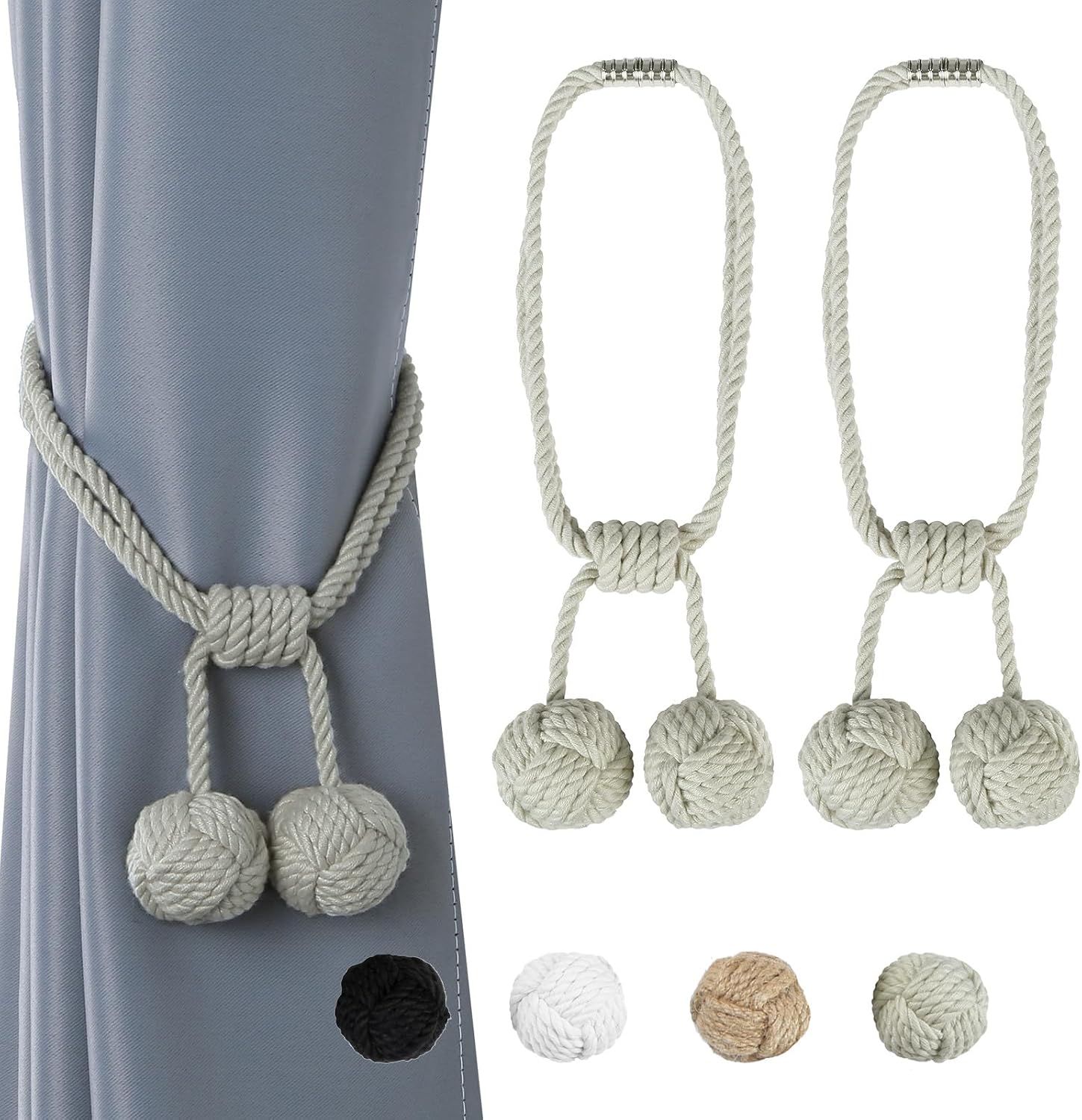 Magnetic Jute Curtain Tiebacks 4 Pack Handmade with Two Balls | Rustic Style Decorative Curtain Ties for Home Office Bedroom