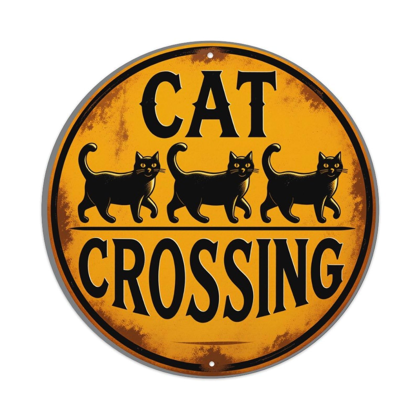 Cat Crossing Sign With Three Black Cats Walking Round Vintage Tin Sign,Retro Wall Art,Metal Poster for Home, Bar, Garage, Cafe, Rustic Indoor & Outdoor Decor, 8x8 Inches
