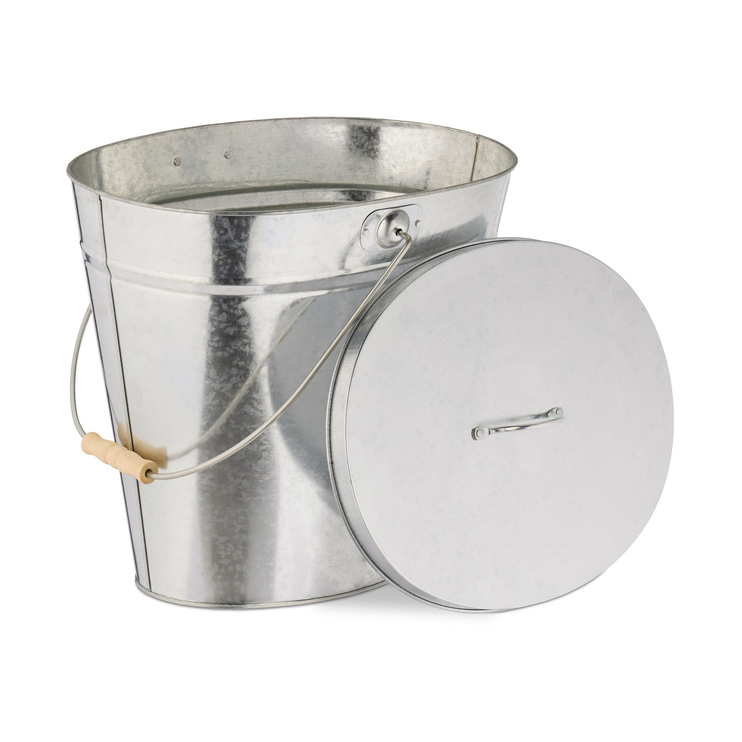 Relaxdays Silver Bucket, With Lid, 12 L, Bin, Wooden Handle, For Coal & Ash, Fireplace, Stove, Galvanised Steel, 34 X 35 X 28 Cm