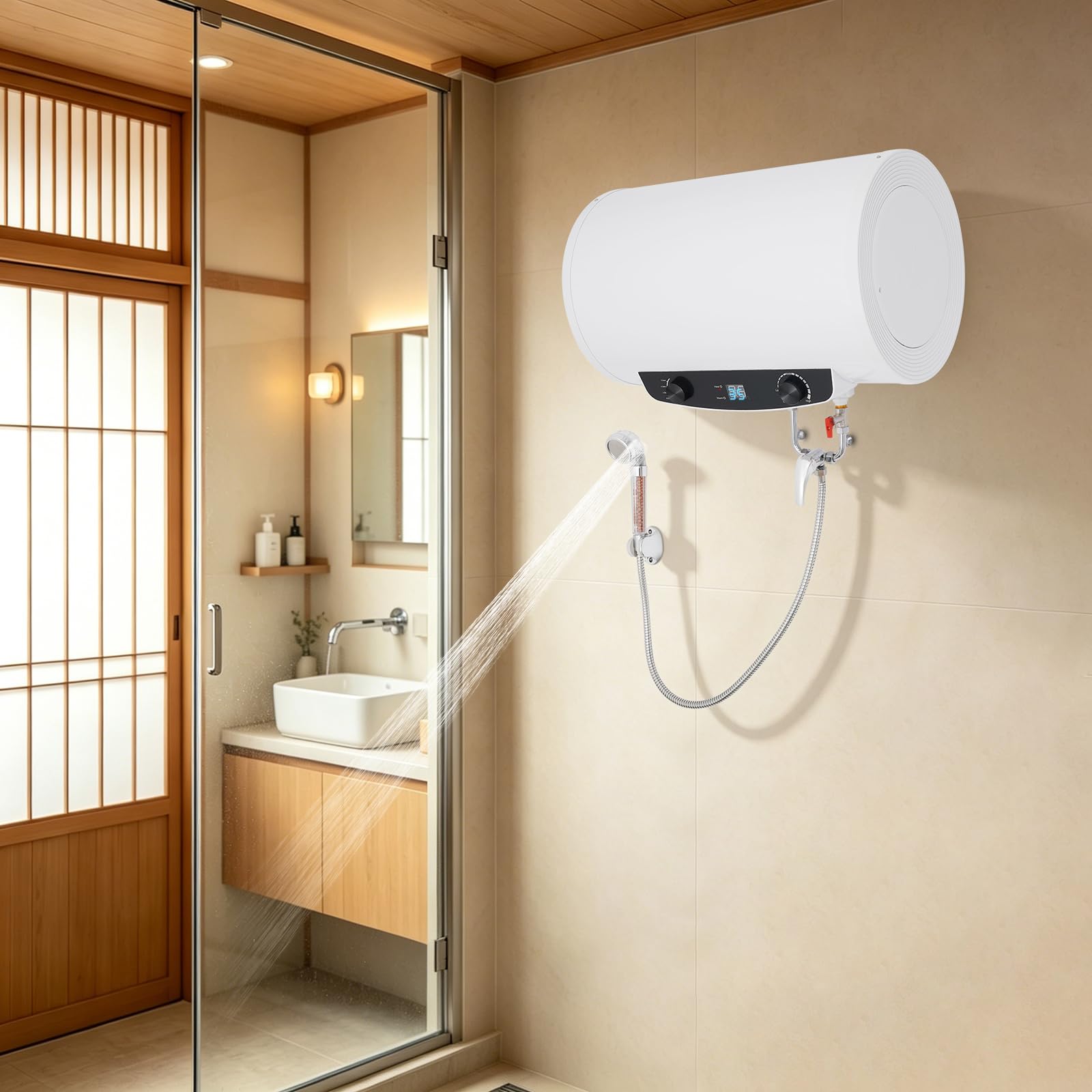 Scaldabagno elettrico da 35 l, 2000 W, montaggio a parete, con indicatore LED, 3 livelli di calore (35-75 °C), IPX4, serbatoio interno in acciaio inox, soffione doccia, per bagno, appartamento, salone