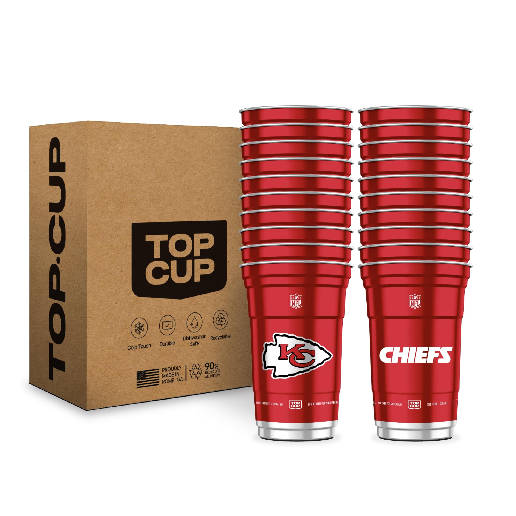 Top Cup NFL Kansas City Chiefs 20 oz Reusable Aluminum Cups 20 Count | Officially Licensed, Durable, Reusable & Recyclable, Made in USA