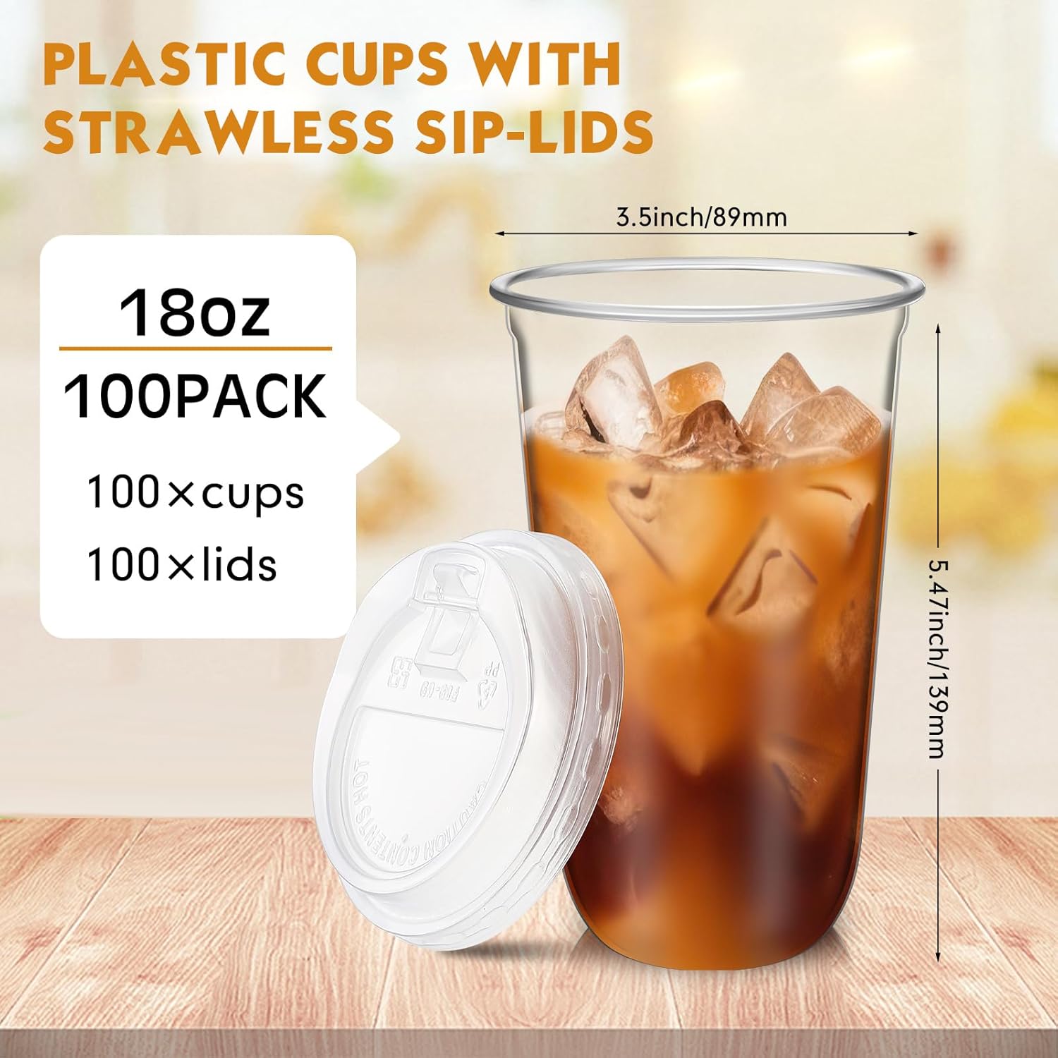 Baderke 100 Sets 18 oz Clear Plastic Cups with Lids,Sturdy Iced Coffee Cups with lids, Disposable Plastic Smoothie Cup for Cold Drinks