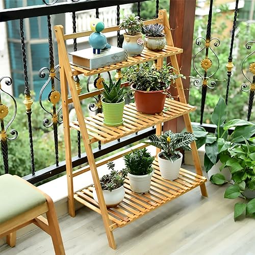 Miniatura 2 de Ufine - Escalera de madera de bambú para plantas, 3 capas, plegable, para uso en interiores y exteriores, para el hogar, patio, césped, jardín,