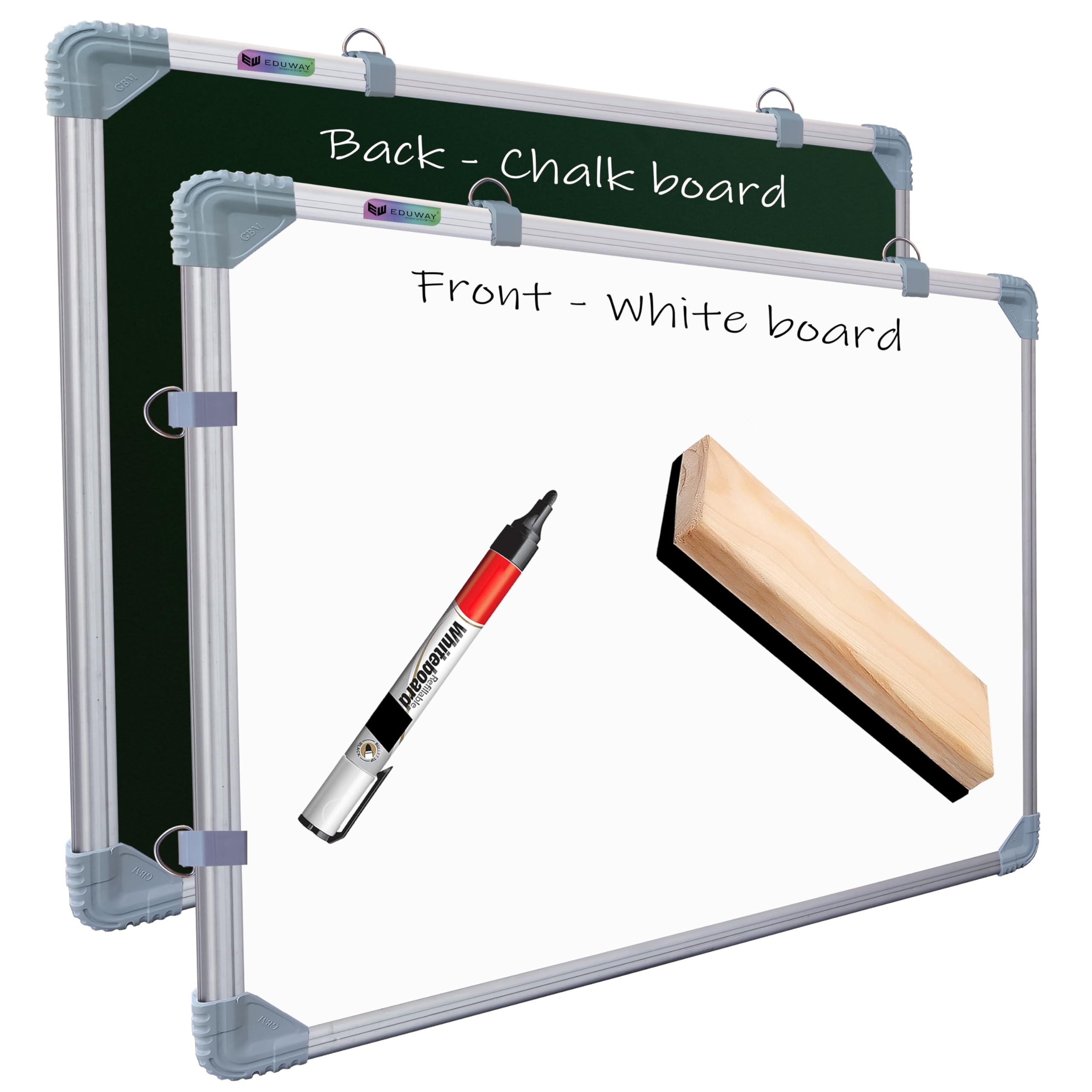 Eduway 2x2 Feet Kunj Non-Magnetic Double-Sided White Board and Chalkboard Combo with 1 Marker and 1 Duster | Ideal Use for Home, Office, with Sliding Hanging Clips, Robust Aluminum Frame (59x59 Cms)-image-6