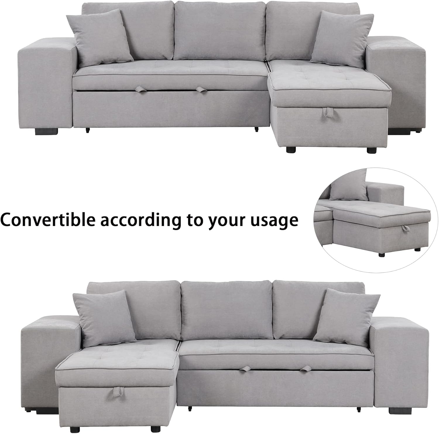 104.5 inch Reversible Sectional Sofa with Storage Chaise,2 Shelves,2 Stools and 2 Tossing Cushions - 3 Seat Sleeper Contemporary Corner Sectional with Pull-Out Sleeper and Chaise : Home & Kitchen
