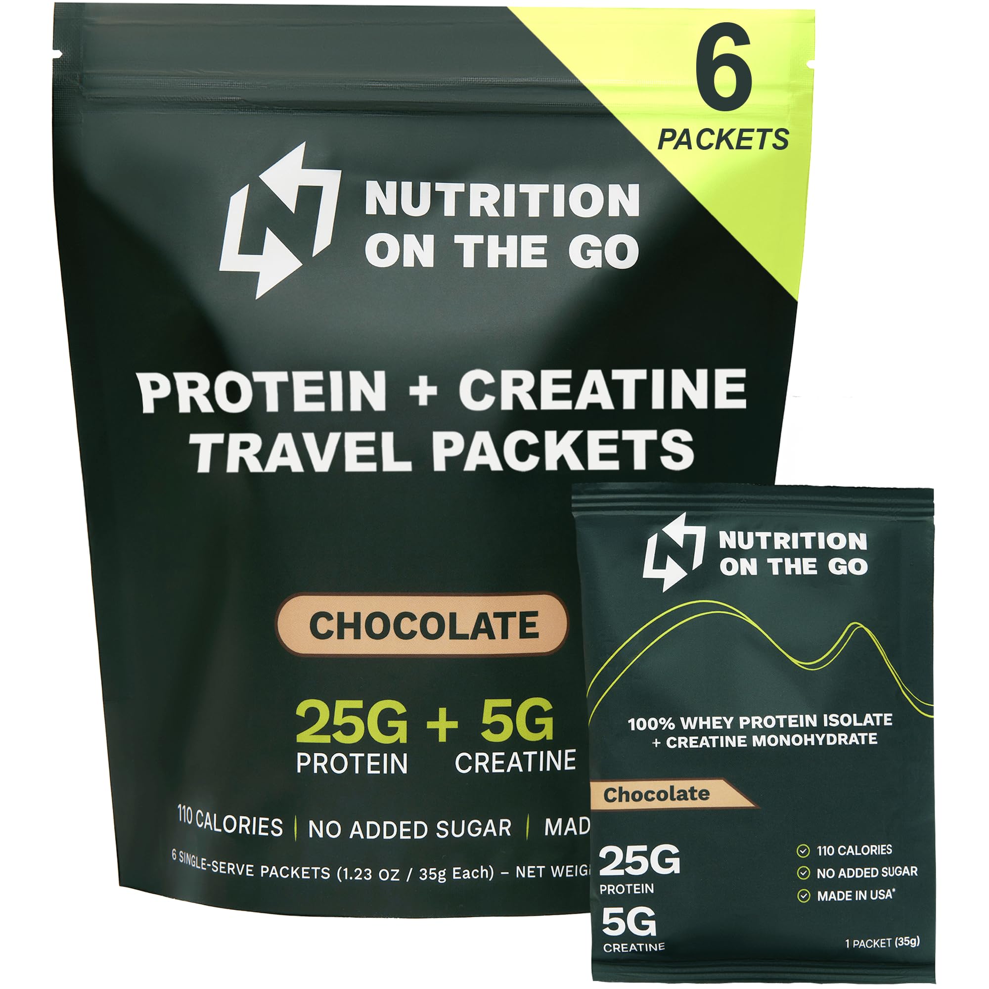 Nutrition On The Go Whey Protein Isolate Packets with Creatine – 25g Protein + 5g Creatine – Single-Serve Travel Protein Powder – Chocolate (6-Pack)