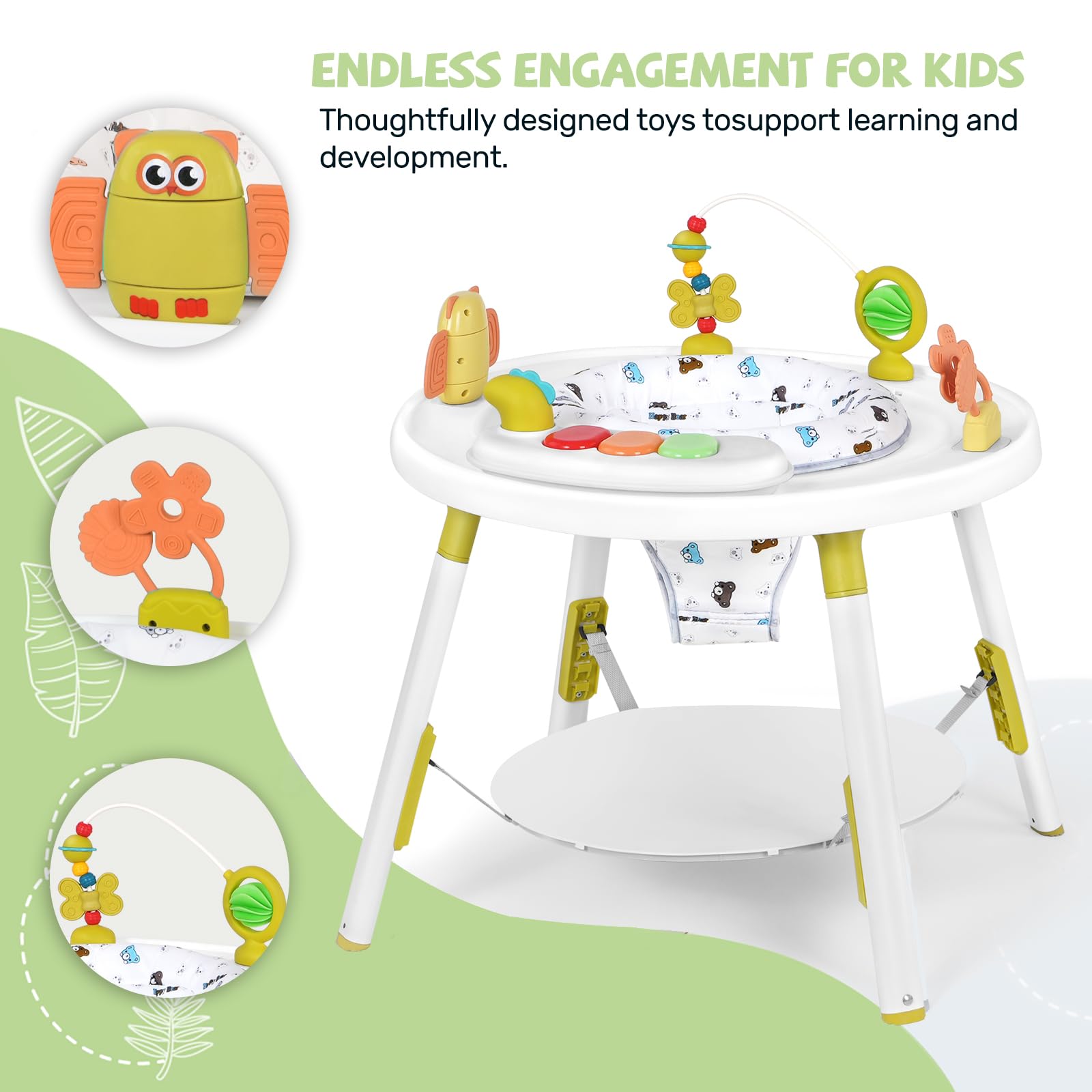 UBRAVOO Baby-Aktivitätszentrum, 3-in-1 Baby Lauflernhilfe mit abnehmbaren Spielzeugen und 360° Drehbarem Sitz – ideal für die Entwicklung und Unterhaltung von Kleinkindern (Green)