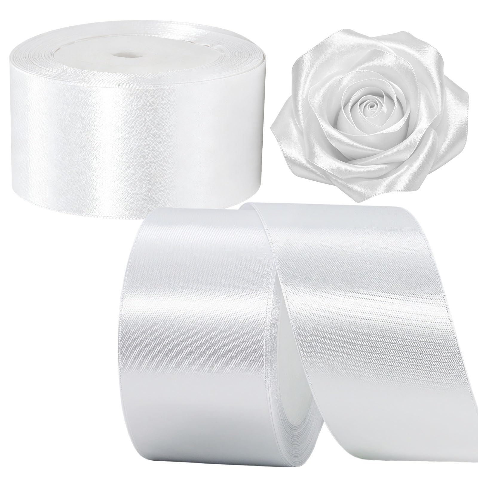 2 Rolls 50mm White Wide Satin Ribbon for Gift Wrapping, 22m per Roll, 44m Fabric Ribbon for Presents, Crafts, Bows, Bouquets, Wedding and Party Decoration