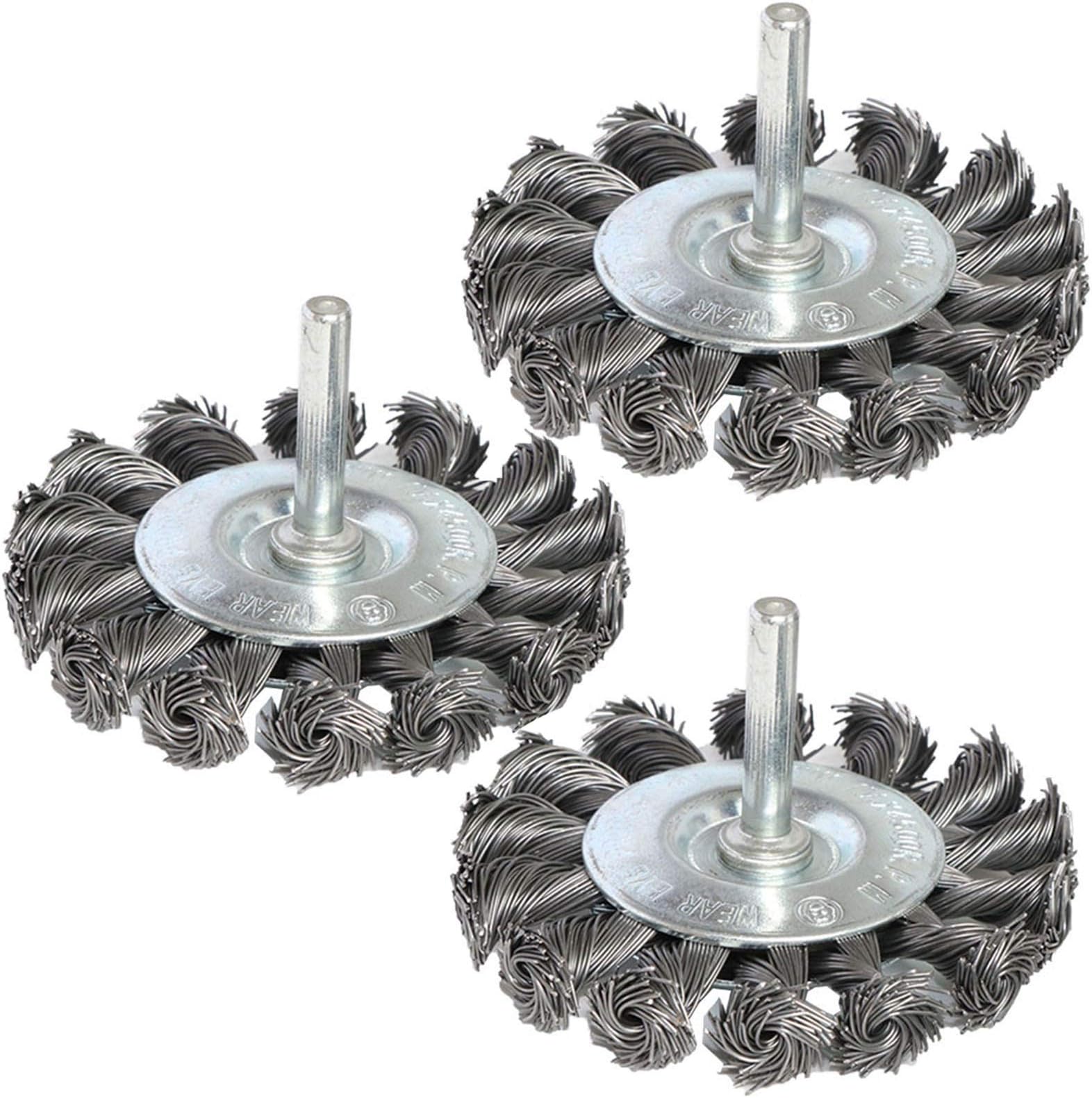 3PCS 3 Inch Knotted Wire Wheel Brushes Kit for Drill with 1/4-Inch Shank,Twist Brush Set Perfect for Rust Removal, Corrosion and Paint,Wire Wheels for Power-Operated Grinders