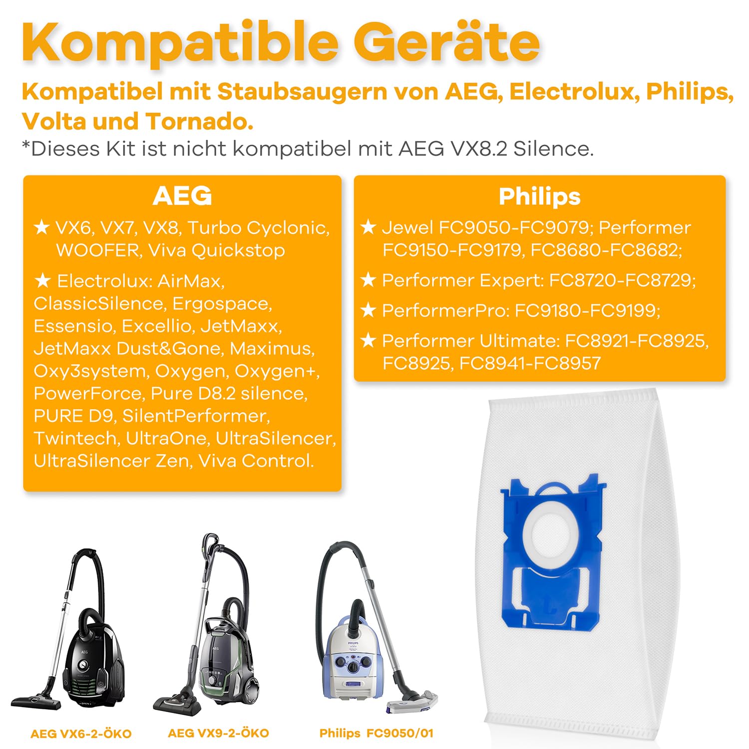 12 Staubsaugerbeutel S-Bag für AEG/Philips VX6 VX7 VX8 Classic Long Performance FC8021/03, kompatibel mit AEG/Electrolux System Pro 210 s-bag VX7-1-ÖKO VX9-2-ÖKO