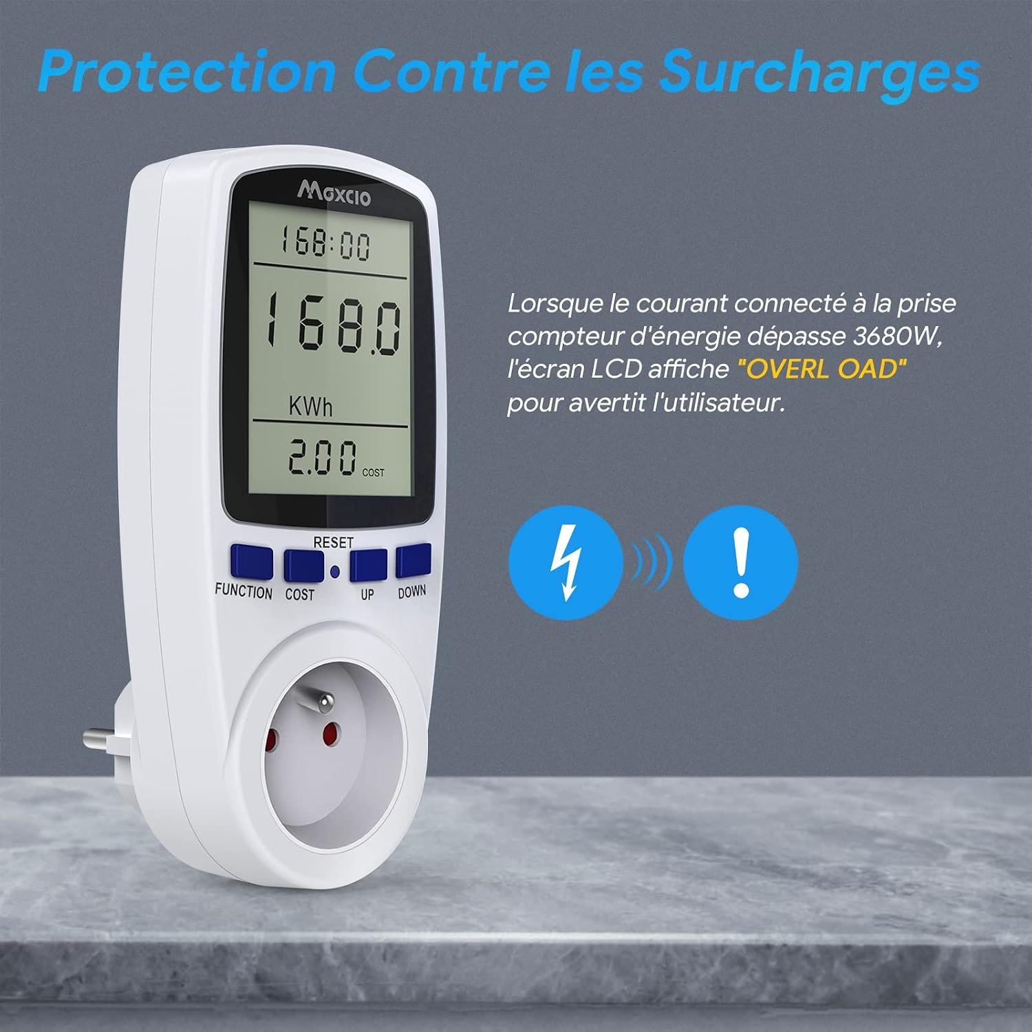 Maxcio Energy Meter Plug displaying 'OVERLOAD' message on its screen, with an icon indicating a lightning bolt and an exclamation mark