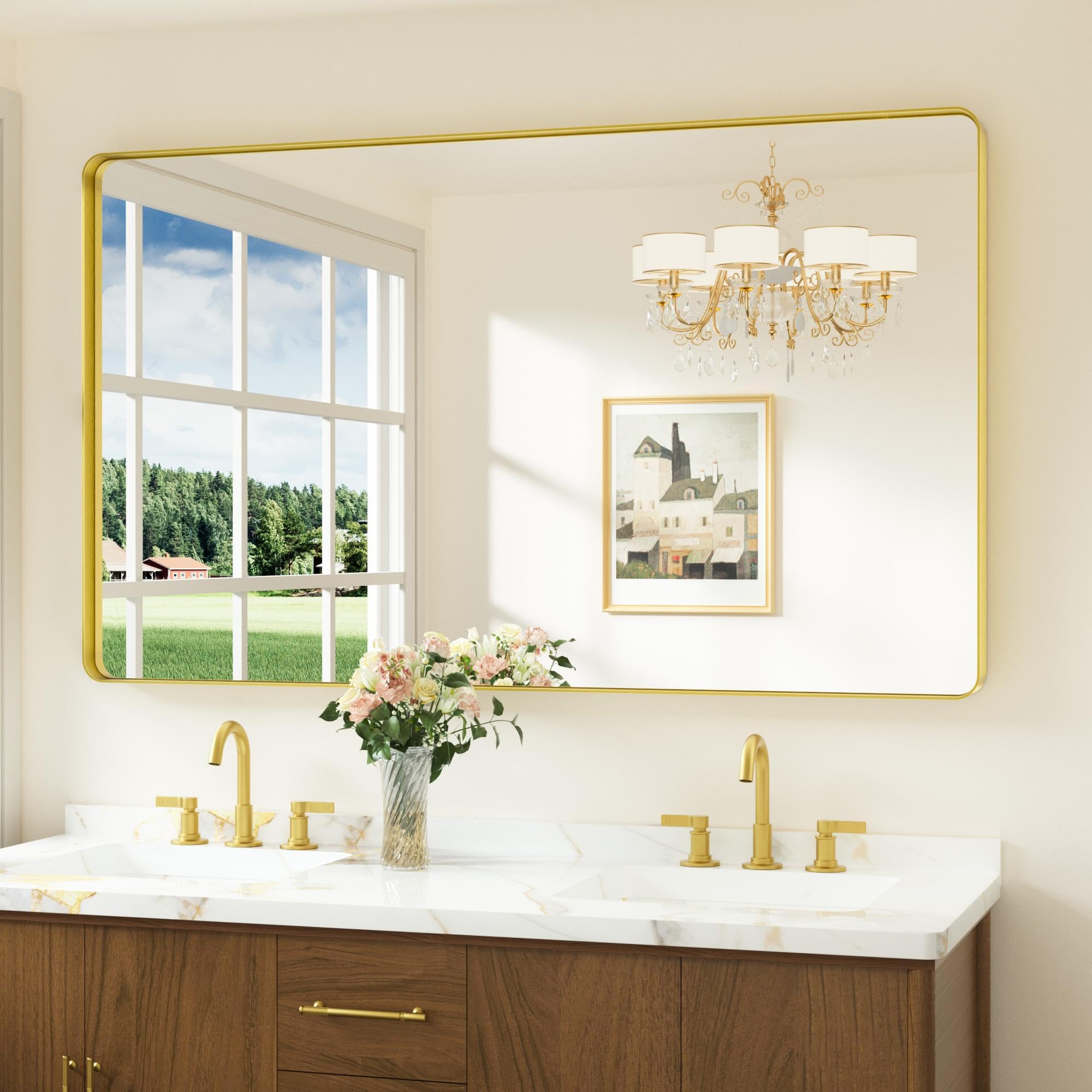 Keonjinn Badezimmerspiegel Schwarz/Gold/Nickel, Wandspiegel Badspiegel mit Metallrahmen, Gehärtetes Glas Rechteckiger Spiegel Flur für Badezimmer, Wohnzimmer, Schlafzimmer, Wanddekoration