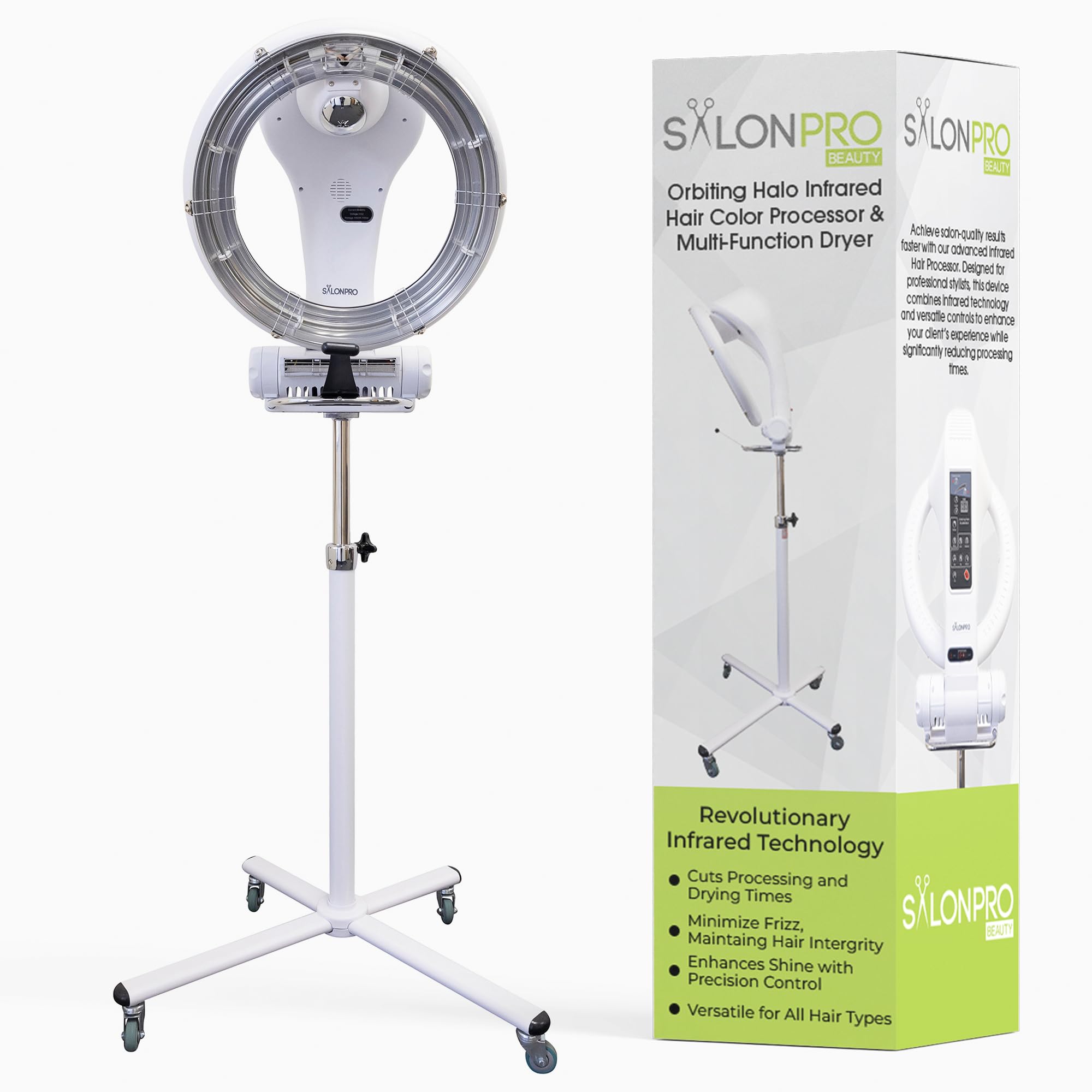 Orbiting Halo Professional Infrared Hair Color Processor & Multi-Function Dryer Accelerator w/Rolling Base - Heavy Duty Adjustable Standing Hair Dryer