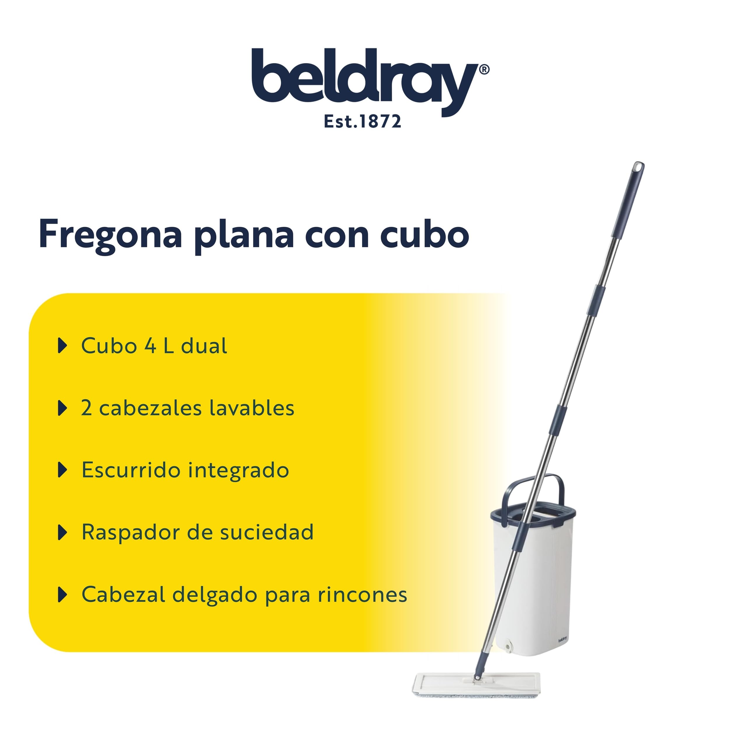 Beldray Juego de fregona Plana y Cubo de Limpieza Profunda: Cubo de fregona de 4 litros con 2 Compartimentos para remojar/escurrir y Quitar la Suciedad, 2 Cabezales de Microfibra Lavables a máquina