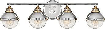 Hinkley Fletcher Four Light Bath Vanity Fixture, Dome Shade and Clear Seedy Glass, Polished Nickel and Heritage Brass Accents