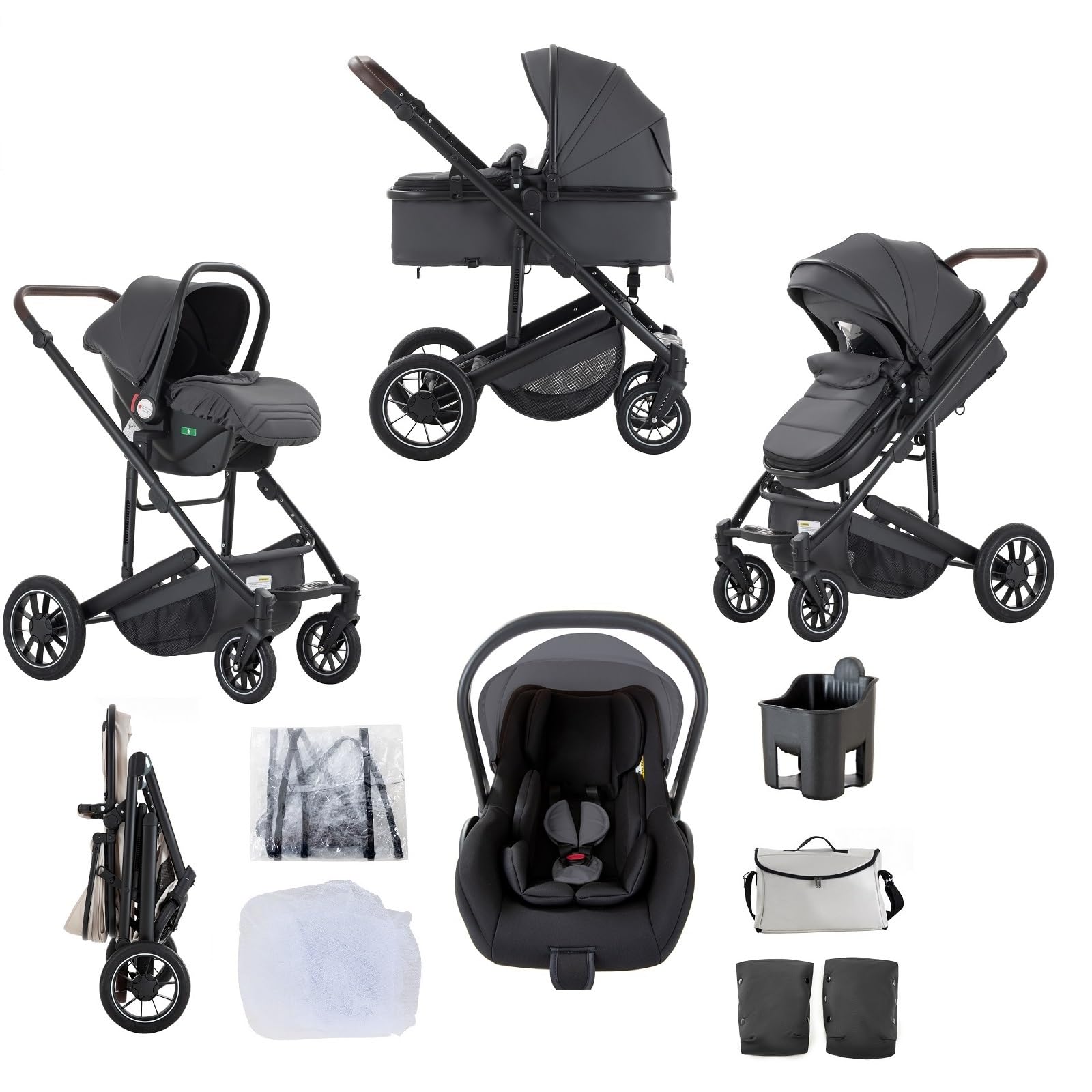 Passeggino 3 in 1,Stroller da Viaggio, Grigio-Set Passeggino e Seggiolino Auto, Passeggino Fronte Mamma con Zanzariera Parapioggia, Maniglia Regolabile, Telaio in Alluminio, 0-4, 22Kg