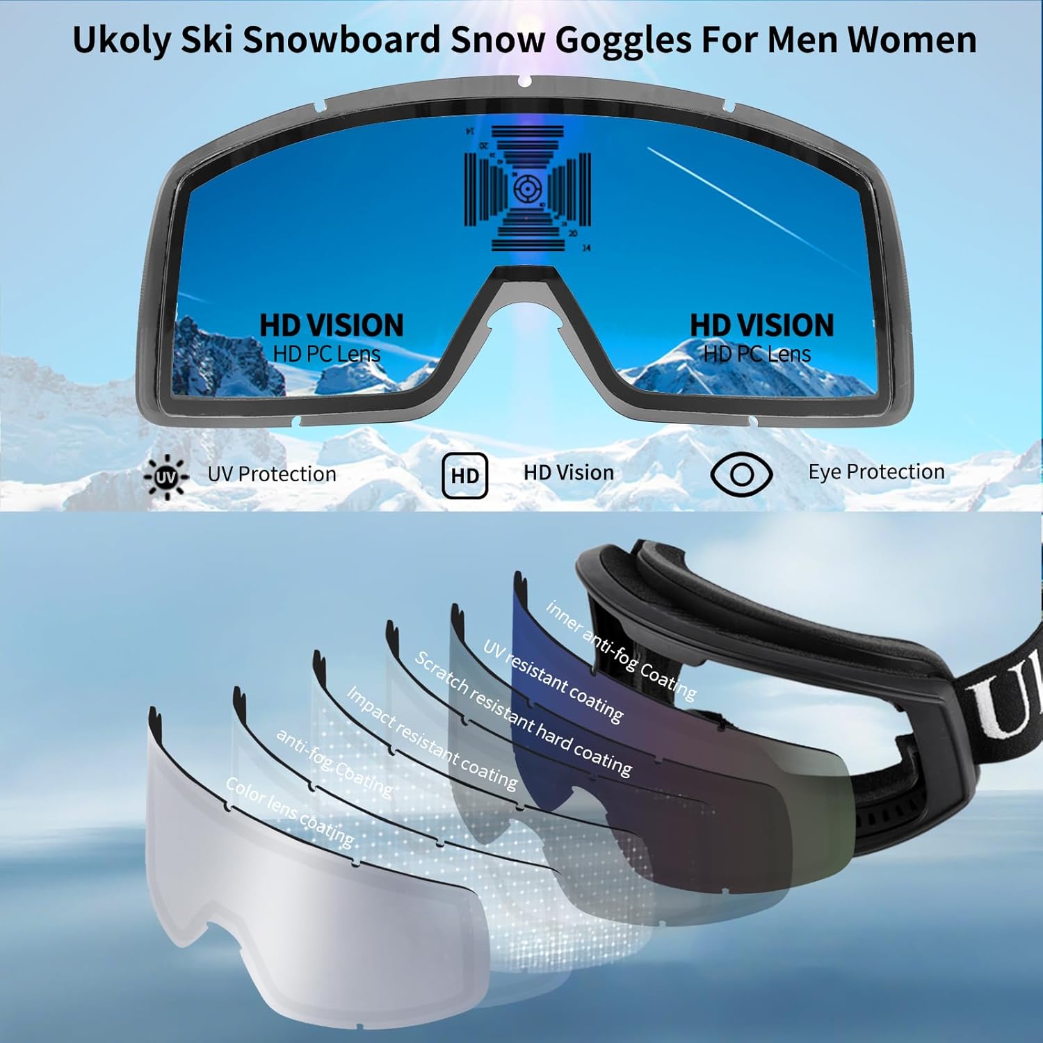 Ukoly Ski/Snowboard Goggles for Men Women, Snow Goggles HD Lens Anti-Fog Coating OTG Design UV400 Protection Windproof