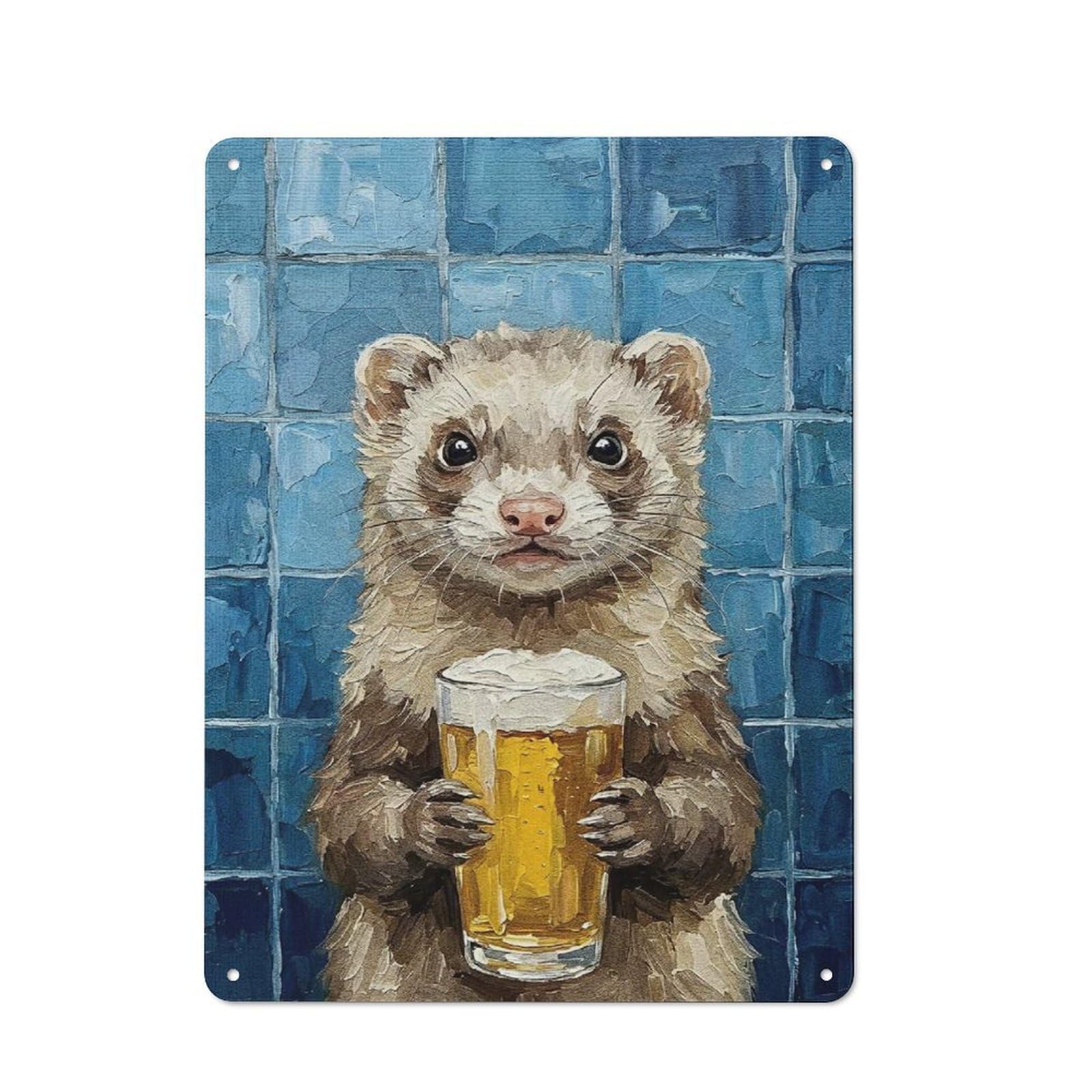 Garage Style Ferret with Beer Painting Decorative Metal Plaque 40x30cm, Garage Wall Decor for Workshop, Basement, Shed Or Games Room