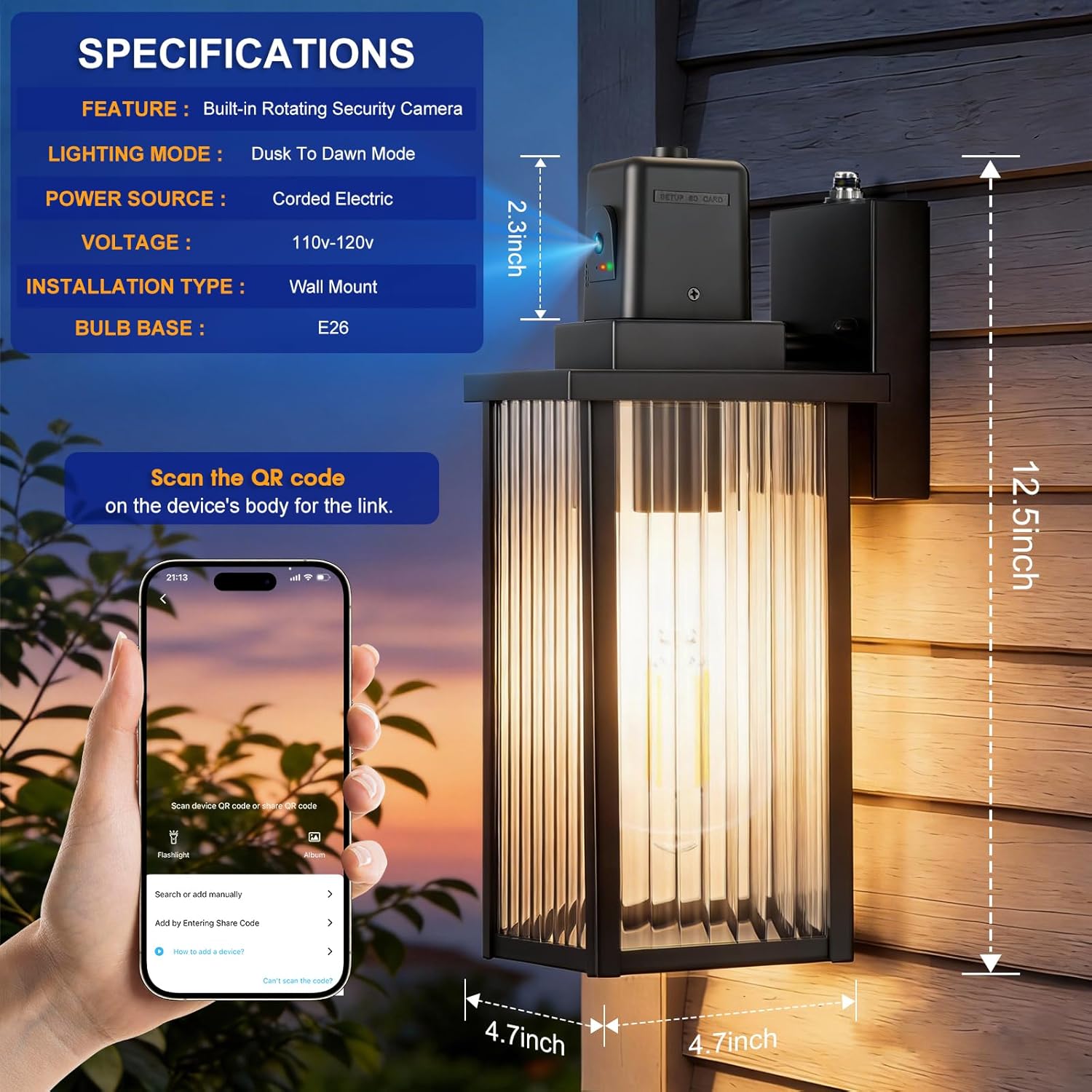 Porch Light with Security Camera, Dusk to Dawn Outdoor Lighting, AI Human Detection, Dual-Band WiFi, 2-Way Audio, Night Vision, Textured Glass, Weatherproof Metal for Front Door Garage