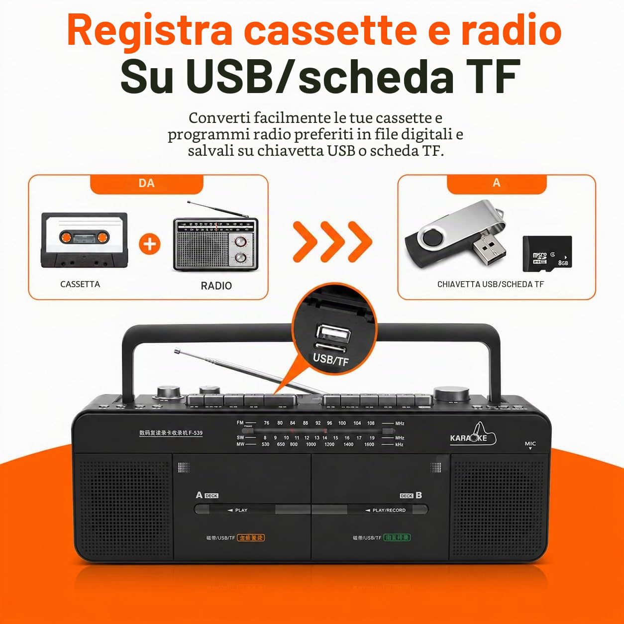 Registratore a doppia cassetta | Radio FM/SW/MW e lettore MP3 | Riproduzione di schede USB/TF con registrazione one-touch