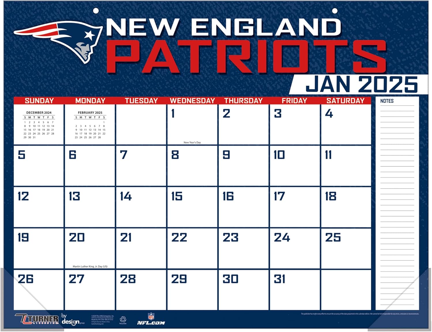 TURNER SPORTS New England Patriots 2025 22x17 Desk Calendar (25998061543)