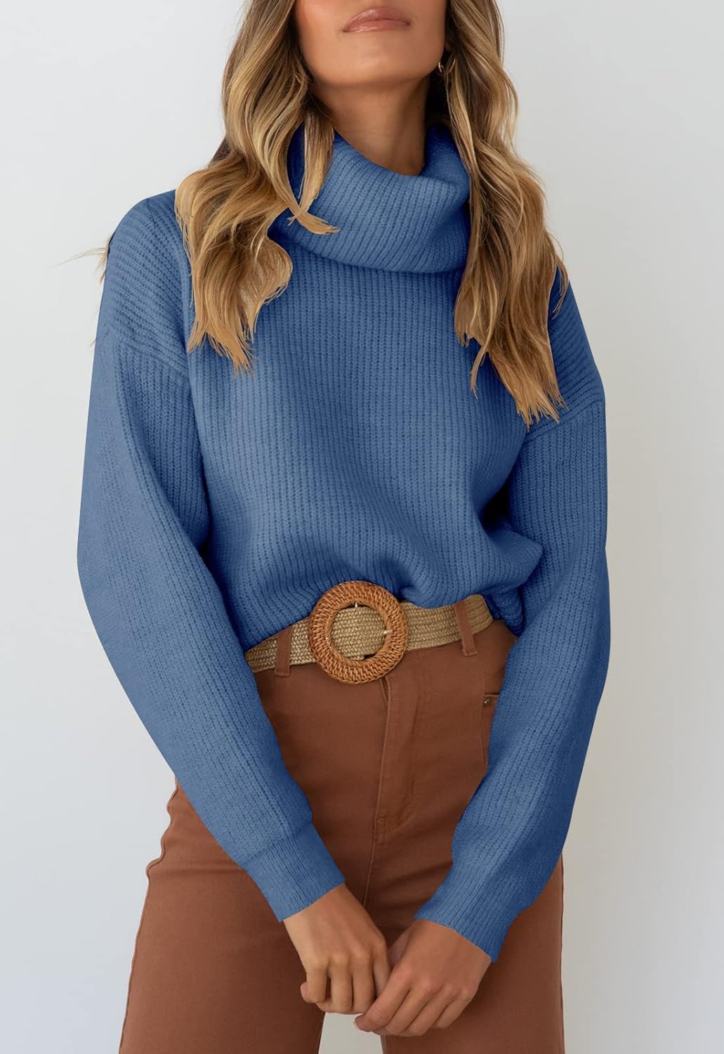 Womens Turtleneck Drop Shoulder Sweaters Chunky Knit Long Sleeve Oversized Sweater Fall Winter Pullover Jumper Tops Blue - Image 2