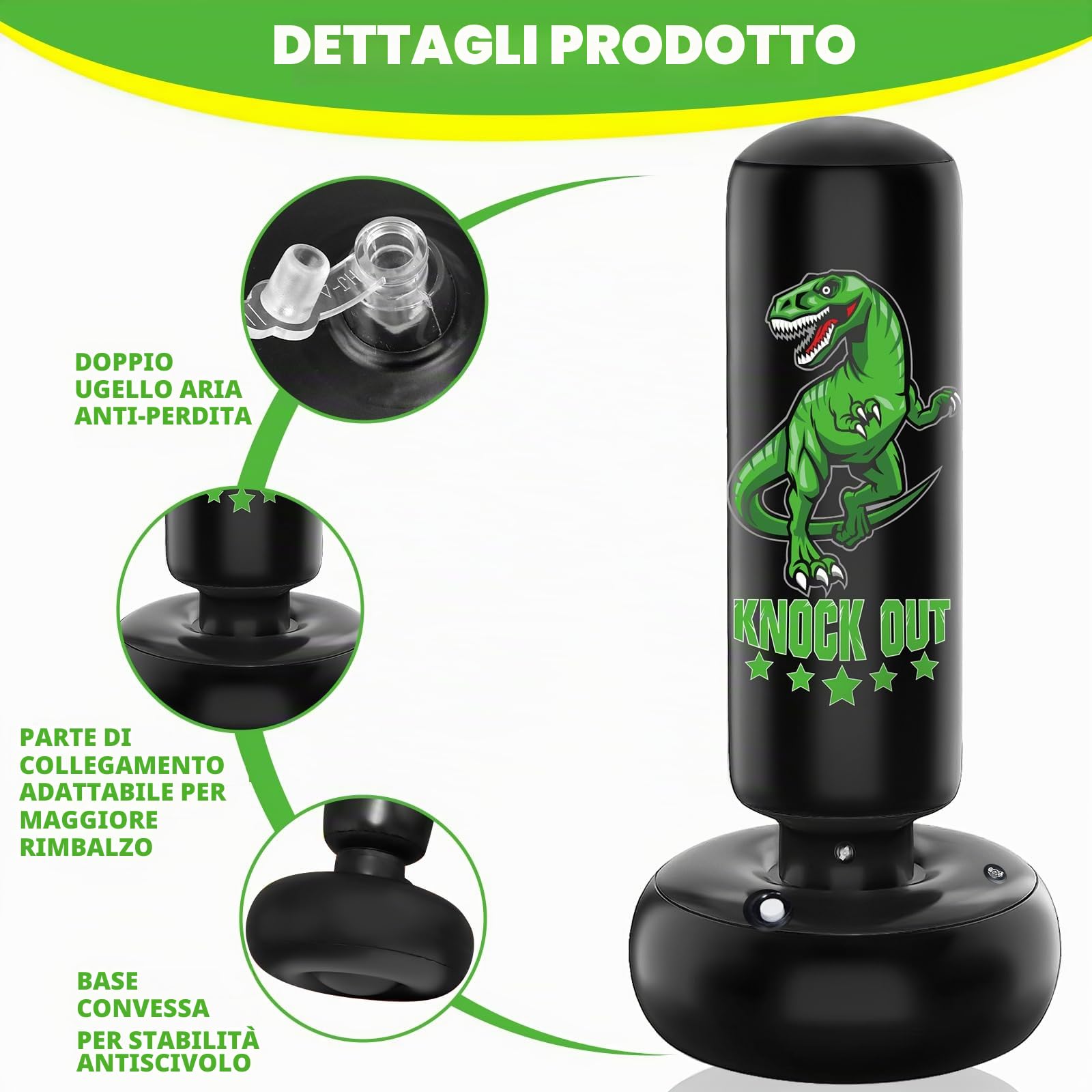Sacco da boxe bambini - Set di sacco boxe autoportanti da 160 cm con guantoni da boxe - Sacco da kickboxing gonfiabile Dinosauro feroce per allenamento Karate Taekwondo MMA