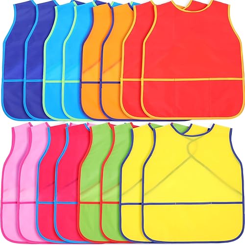 Panitay Delantales de pintura para niños, 16 unidades, para niños, para artistas, impermeables, sin mangas, con bolsillos para niños de 3 a 8 años,