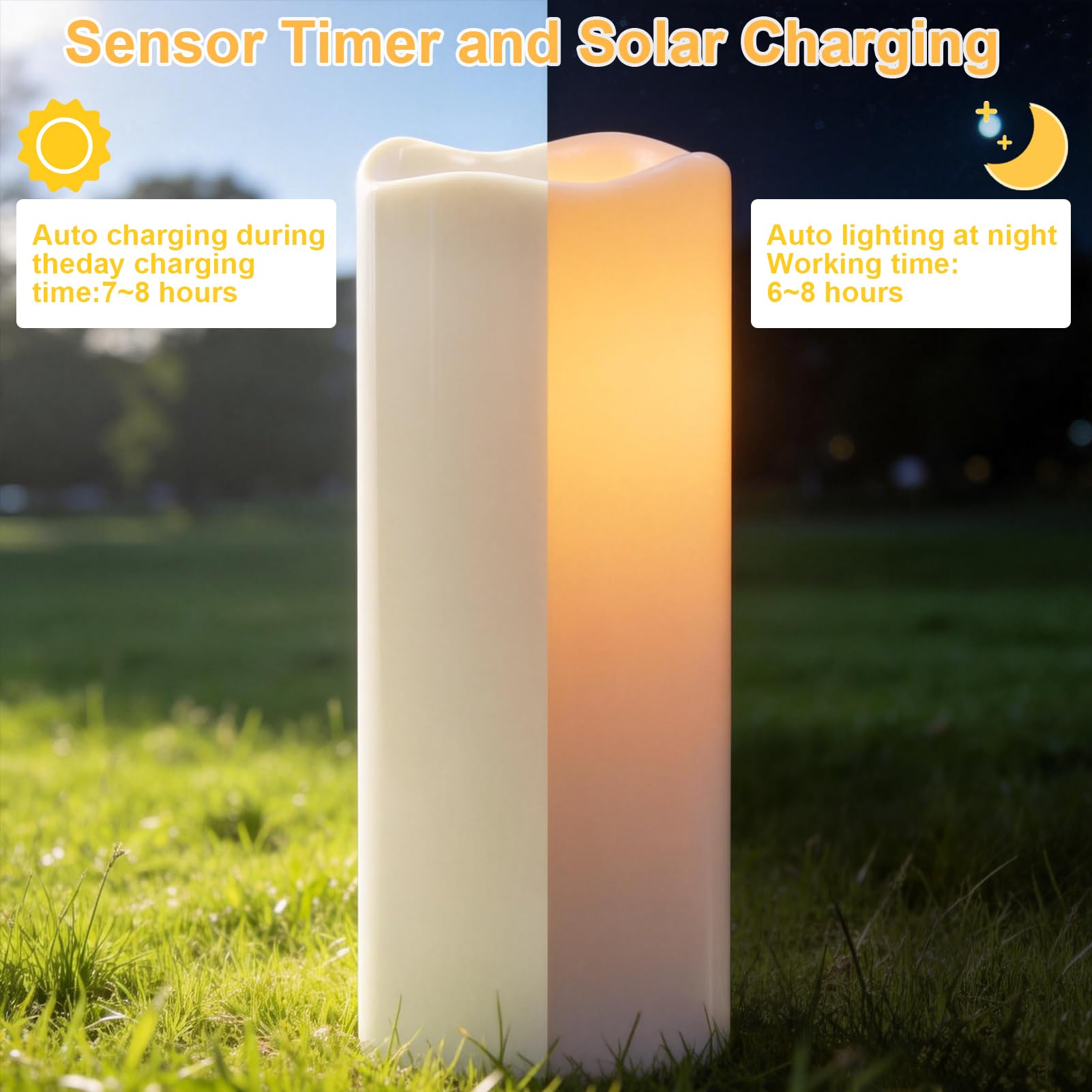 GenSwin Solarkerzen für den Außenbereich, wasserdicht, 30,5 x 12,7 cm, groß, solarbetrieben, wiederaufladbar, flammenlose Kerzen, LED-Stumpenkerze mit Sensor, Timer, Dämmerung bis Morgendämmerung, für