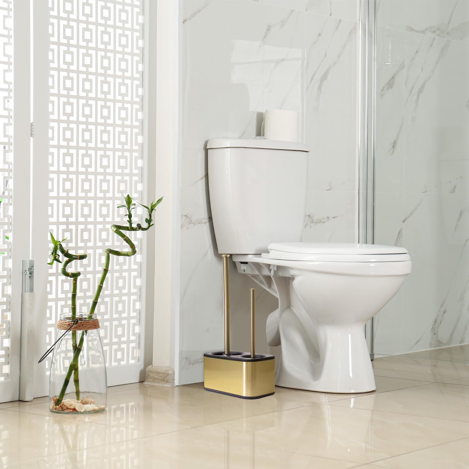 Gold Metal Toilet Brush and Plunger Set with Holder