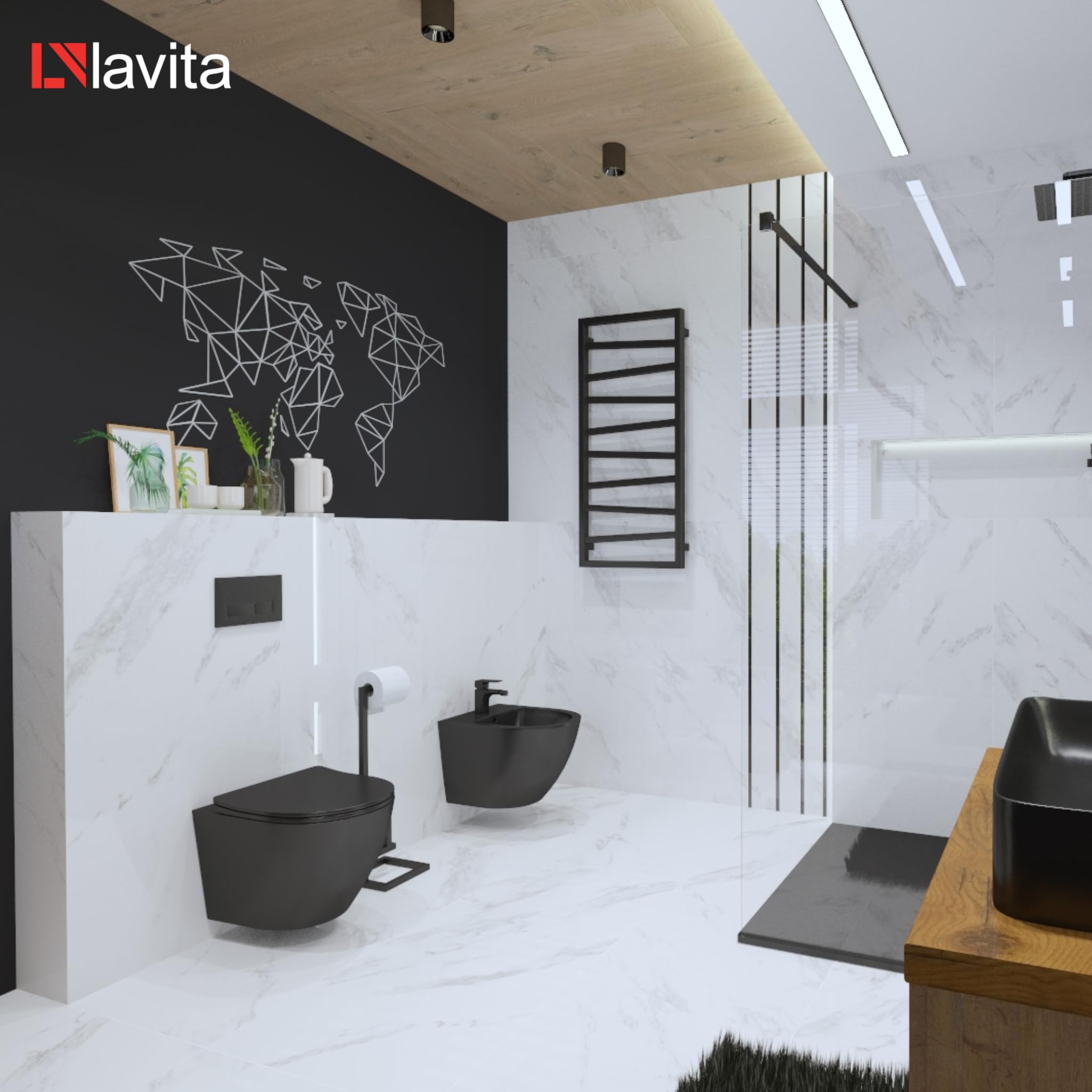 LAVITA Wand-WC Sinto Black Hänge Toilette Toilettendeckel mit Absenkautomatik & Metallscharniere Toiletten Spülrandlos Hängend Spülsystem TORNADO 3.0 Toilettenbecken Schwarz