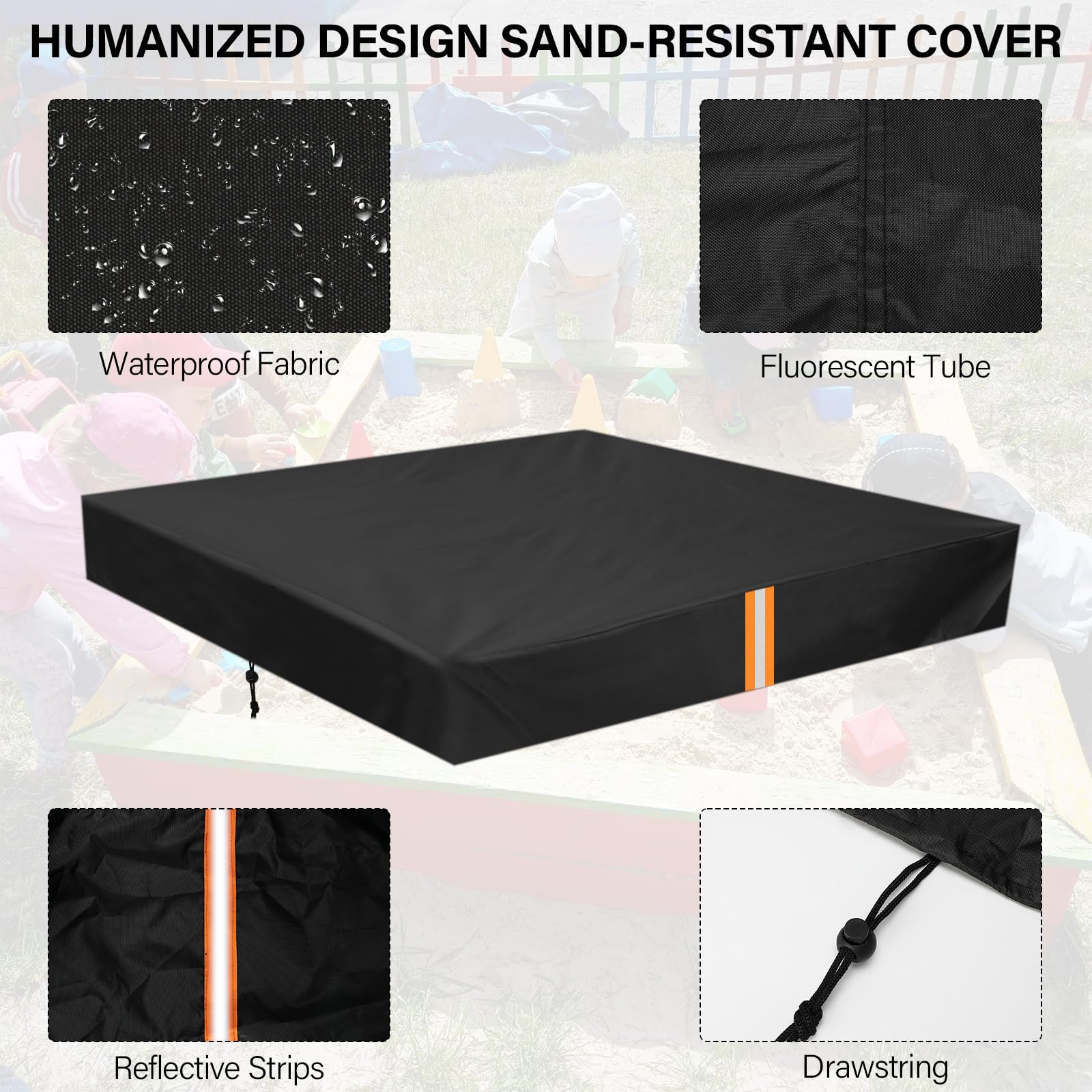 Kasanni Funda Arenero, Arenero Cubierta Cuadrado, Lona para Arenero Impermeable Cubierta para Cubierta de búnker 410D con Bandas Reflectantes y Bolsa de Almacenamiento（125x125x20cm Negro）