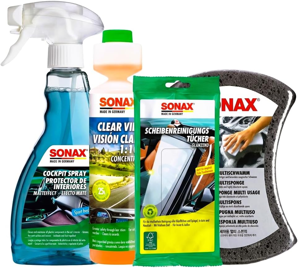 SONAX Complete Car Interior & Glass Cleaning Kit - Cockpit Spray, Clear View Washer Fluid, Glass Cleaning Wipes & Multi-Usage Car Wash Sponge (Pack of 4) | Premium Car Care Kit | DIY Cleaning Combo