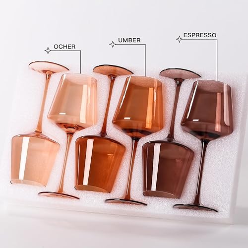 Miniatura 7 de Venus - Juego de copas de vino de colores de 6 a 18 onzas sopladas a mano, copas de vino marrón con tallos largos altos y parte inferior plana