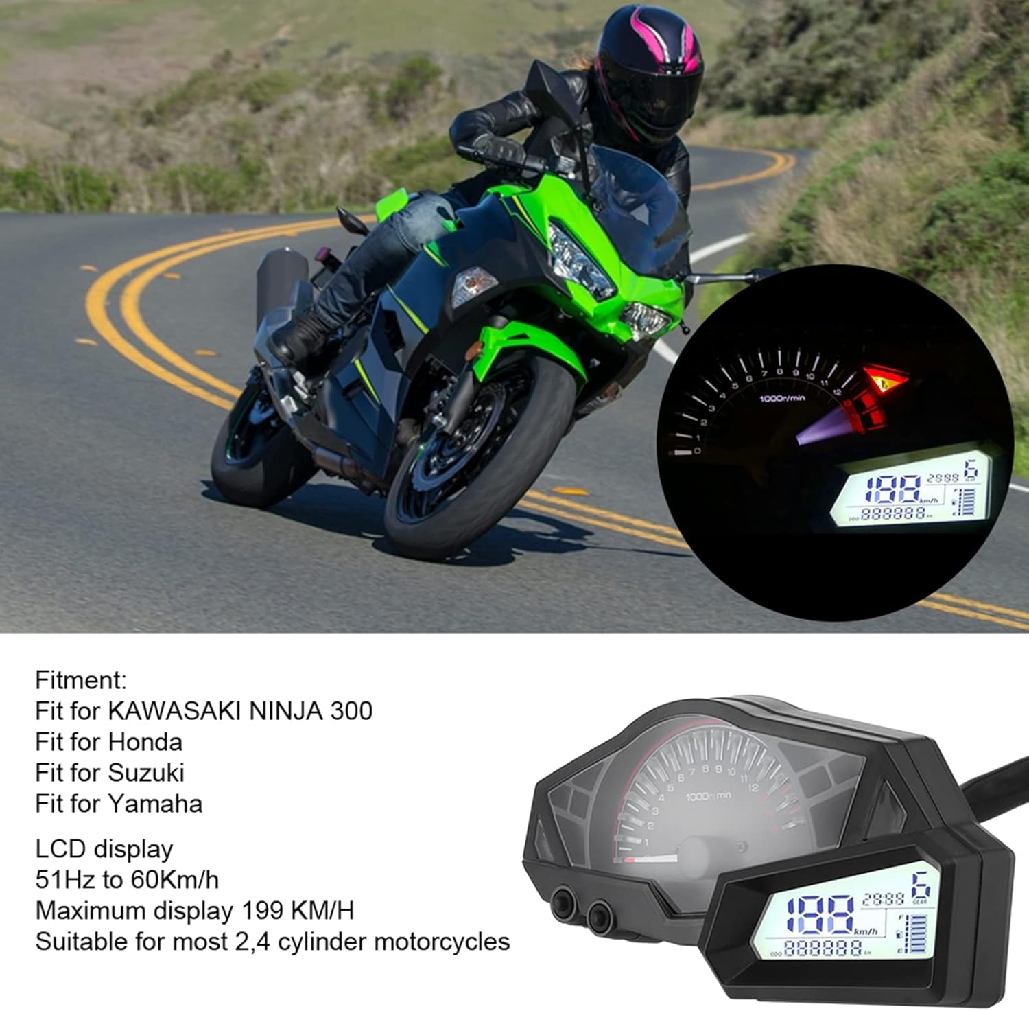 Acouto Motorcycle Speedometer for 300 6 Gear LCD Motorcycle Odometer Tachometer Speed Fuel Gauge 15000RPM 0-199km/h