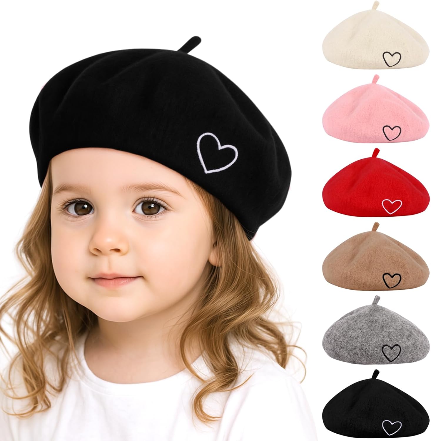 Kunyeah Wool Beret Hat for Women Baby French Style Beanie Hat Soft Embroidered Heart Warm Cap Mom Daughter Matching Hats