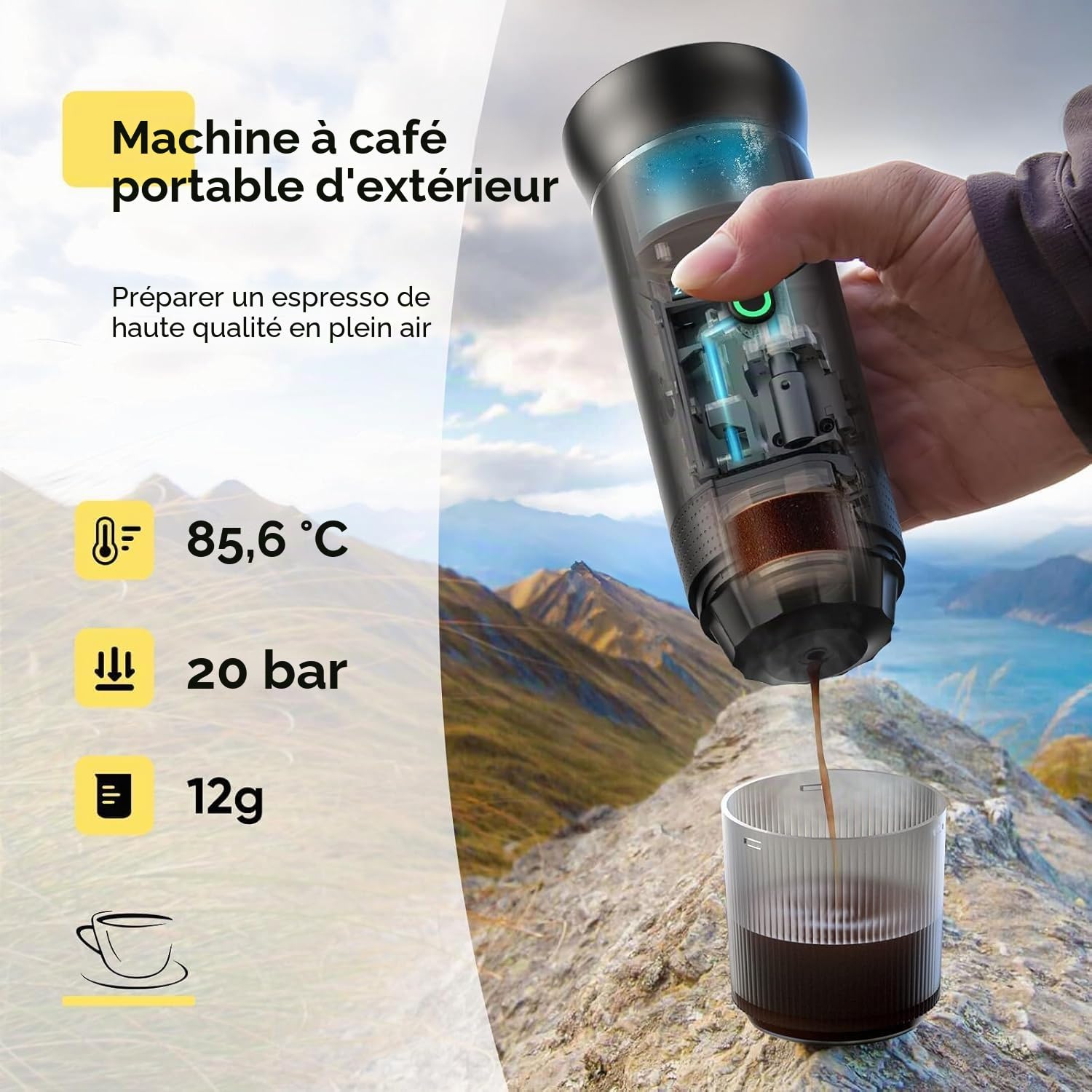Cafetière Portable 3 en 1, Cafetiere Rechargeable Expresso Machine a Cafe compatible avec capsules Ness-preso, Dolce-Gusto et café moulu, pour Bureau, Maison, Voyage