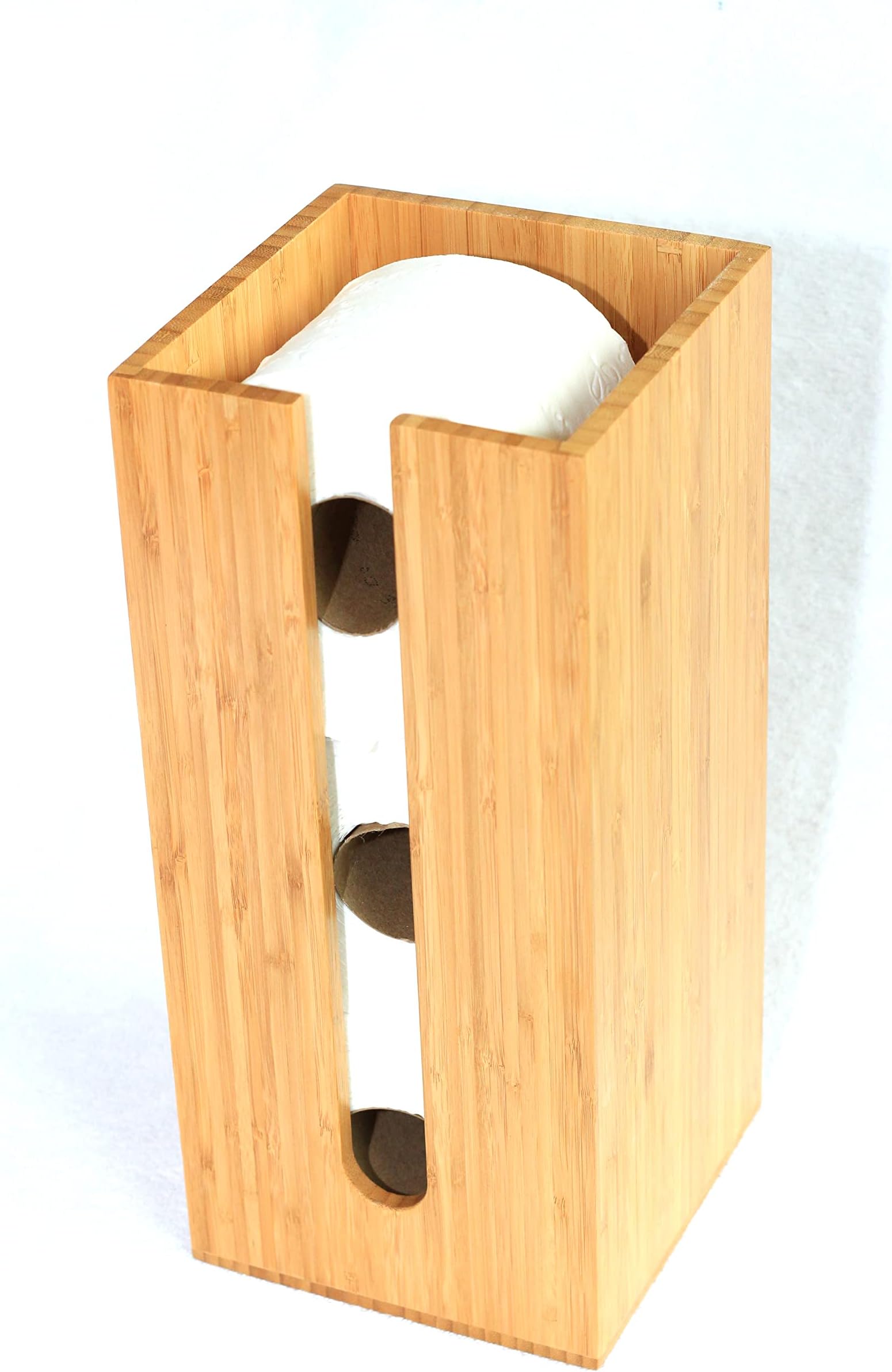 Bamboo Toilet Paper Holder perfect for toilet paper storage or general bathroom storage, a freestanding toilet paper holder handmade from biodegradable bamboo