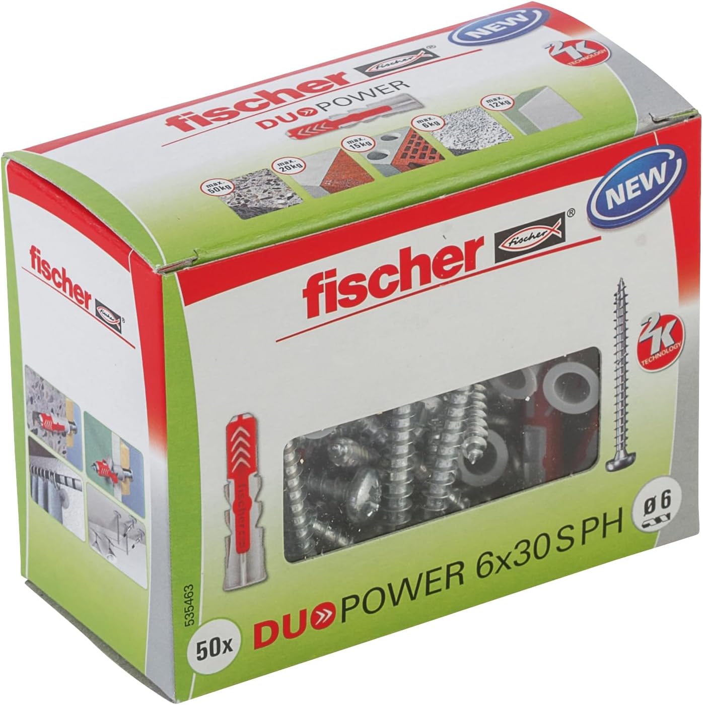 fischer DuoPower 6 x 30 S PH Universal Dowels with Panhead Screw, 2-Component Dowels, Plastic Dowels for Mounting in Concrete, Bricks, Stone, Plasterboard and much more, 50 Dowels + 50 Screws