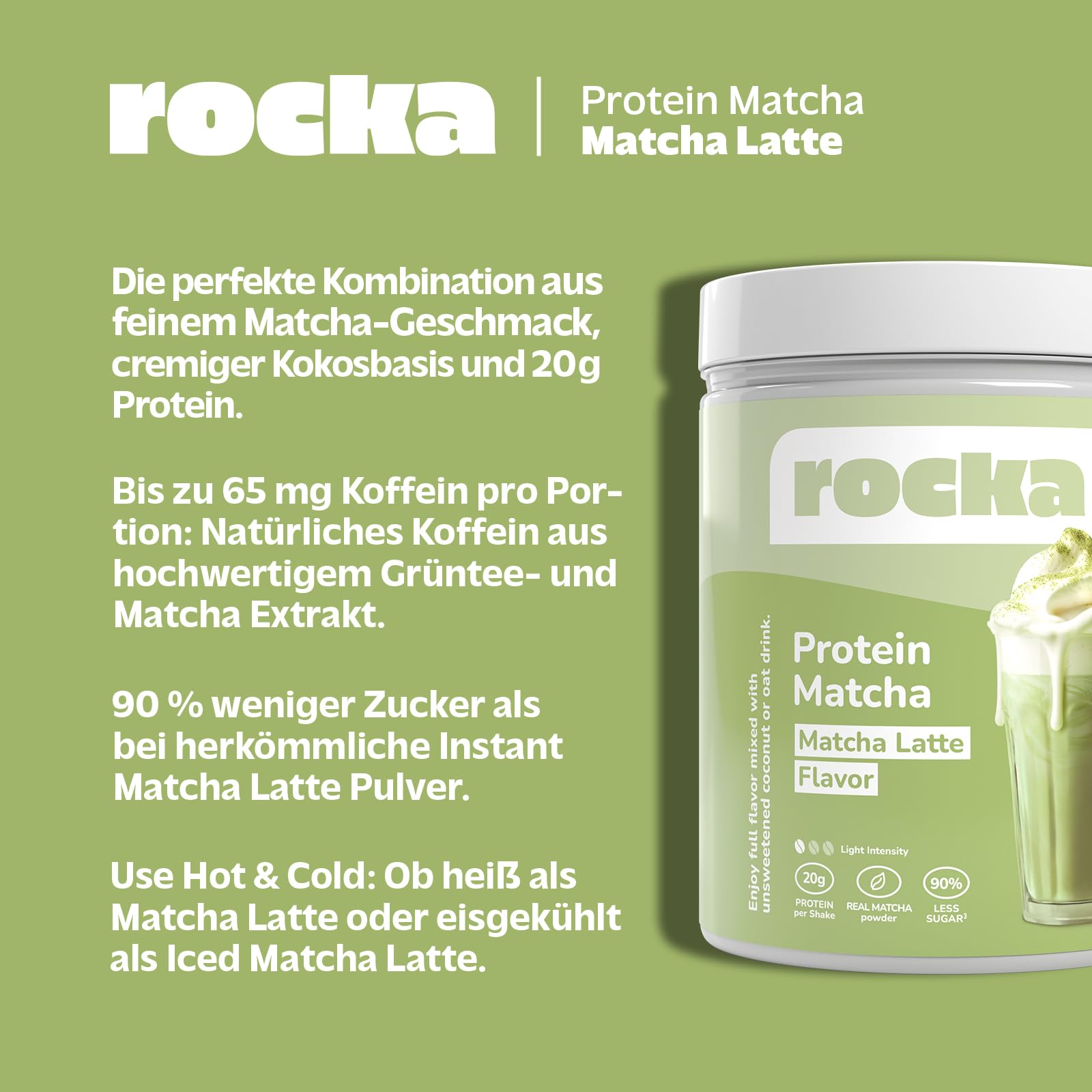 Rocka Nutrition Protein Matcha veganes Proteinpulver mit Koffein | Veganer Protein Matcha mit 20 g Protein pro Portion | Mehrkomponentenprotein mit Matchablattpulver und Grünteeextrakt (600 g)