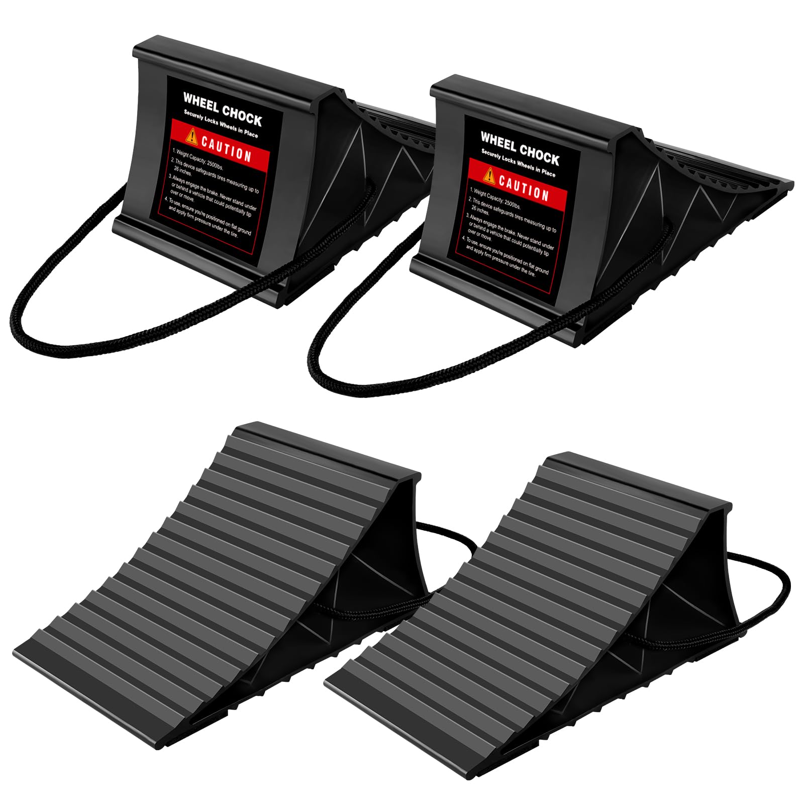 Wheel Chocks for RV Trailer, 4 Pack Non Slip Wheel Chocks for Travel Trailers with Rope for Easy Removal, Lightweight Plastic Wheel Stoppers Block for Camper Cars Trucks