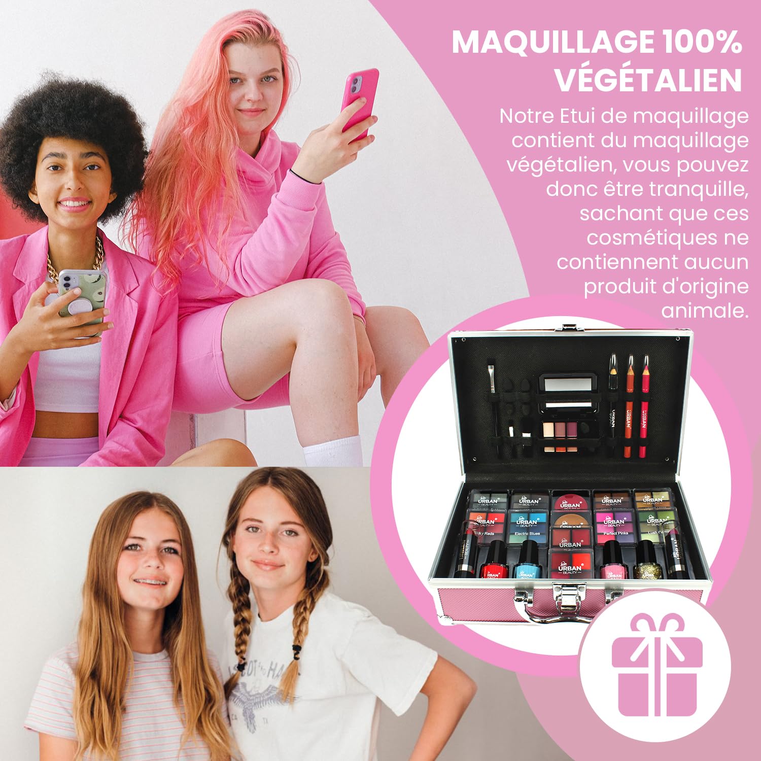 LOVE URBAN BEAUTY Végétalien Trousse maquillage rose vif - Kit maquillage 82 pièces adolescentes et femmes avec ombres à paupières, fards, rouges à lèvres et produits pour les ongles