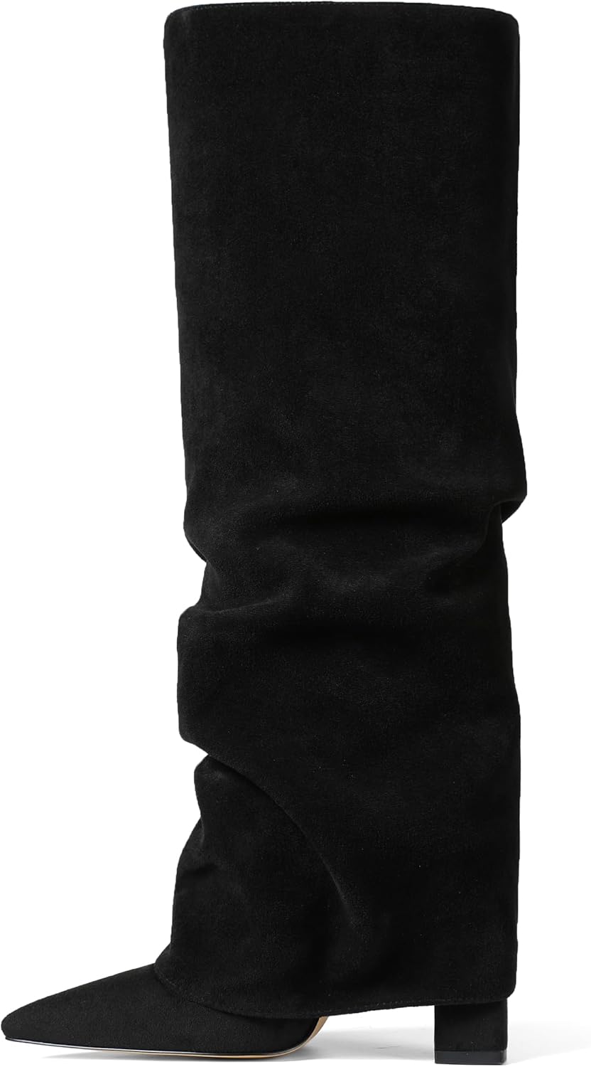 Synchoiss Womens Knee High Boots Wide Calf Chunky High Heel Boots Fashion Fold Over Boot Pointed Toe Winter Fall Tall Boots for Women Pull on Trendy - Image 7