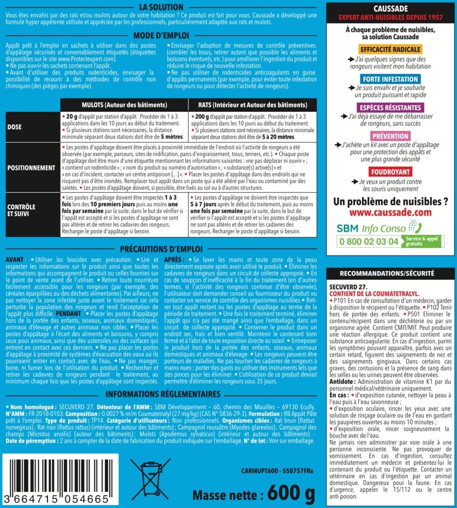Caussade Anti Rats & Mulots - Efficacité Radicale - Lieux secs & humides - 60 sachets Pâtes - prêt à l'emploi - Une Ingestion Suffit – Fabriqué en France - 600g CARMUPT600