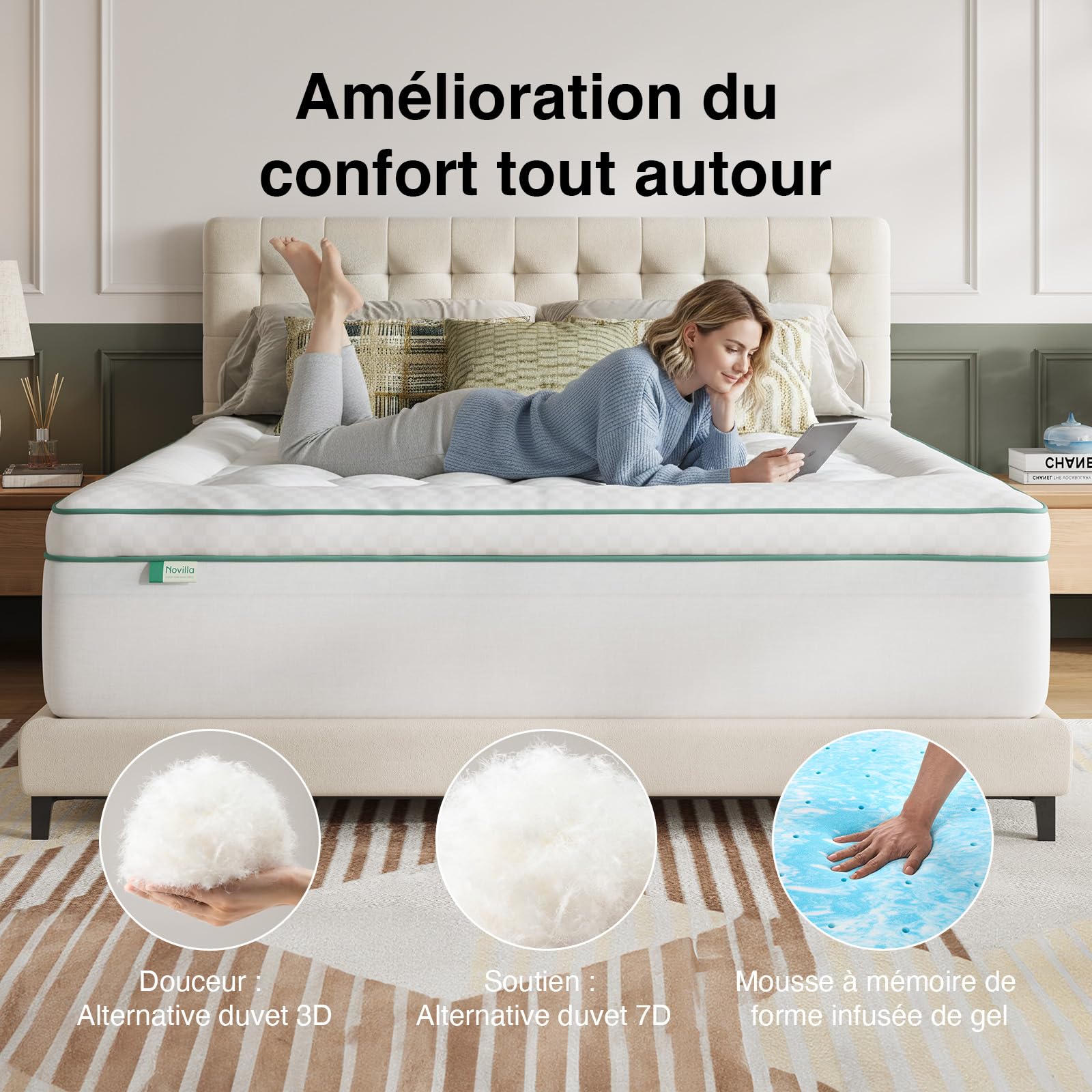 Novilla Surmatelas Mémoire de Forme 120x190 cm (Lit 1 Place et Demi), Topper Gel 2 en 1 avec Housse Matelassée Épaisse, Design Séparable, Moelleux + Soutien