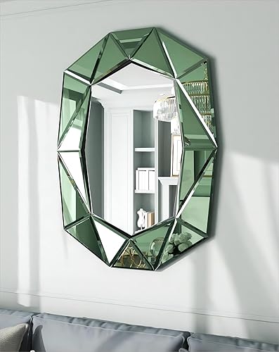 Espejo de pared ovalado con forma de diamante, elegante marco de cristal, 40 x 28 pulgadas, color verde
